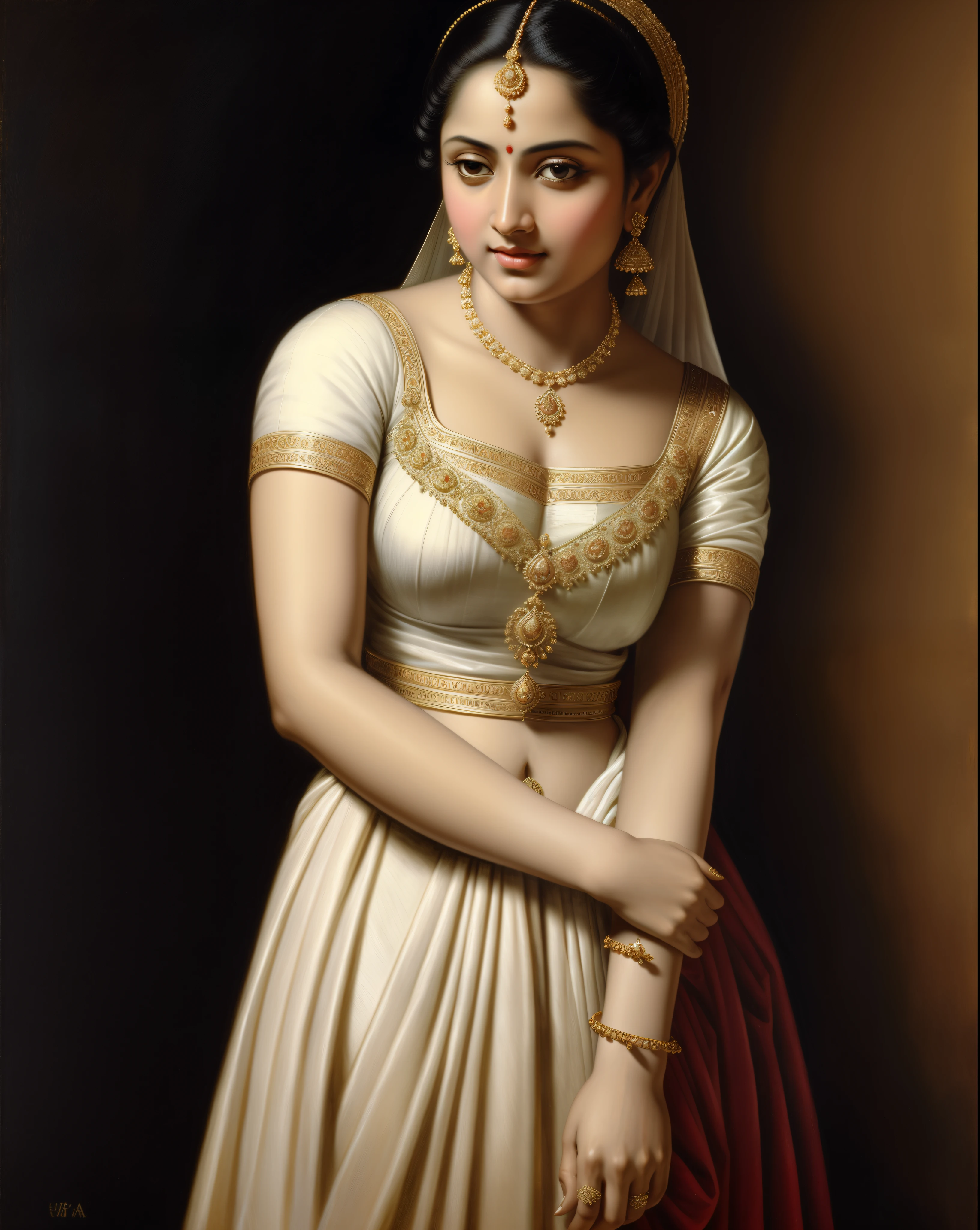 Beautiful Indian Woman, wearing saree, sari Beauty, gorgeous, Apsara, Maharani, royal queen woman, nymph from Hindu Mythology, pierced eyes, Urvashi, matchless beauty, Highly detailed, Oil Painting by Peter Paul Rubens inspired by Raja Ravi Varma, Matchless beauty, captivating, gorgeous, heavenly beauty, celestial beauty, by Peter Paul Rubens, 13, realistic, hyper realistic, micro details, incredible artwork, insane details, ultra High resolution, 8k, 32k, acrylic on canvas, intricate, flawless, detailed, detailed face, detailed eyes, masterpiece, by Peter Paul Rubens, by Caravaggio, by William Adolphe bouguereau, perfect face, perfect body, beautiful art, realism, baroque, renaissance Art, highly textured, beautiful eyes, uhd, best quality,