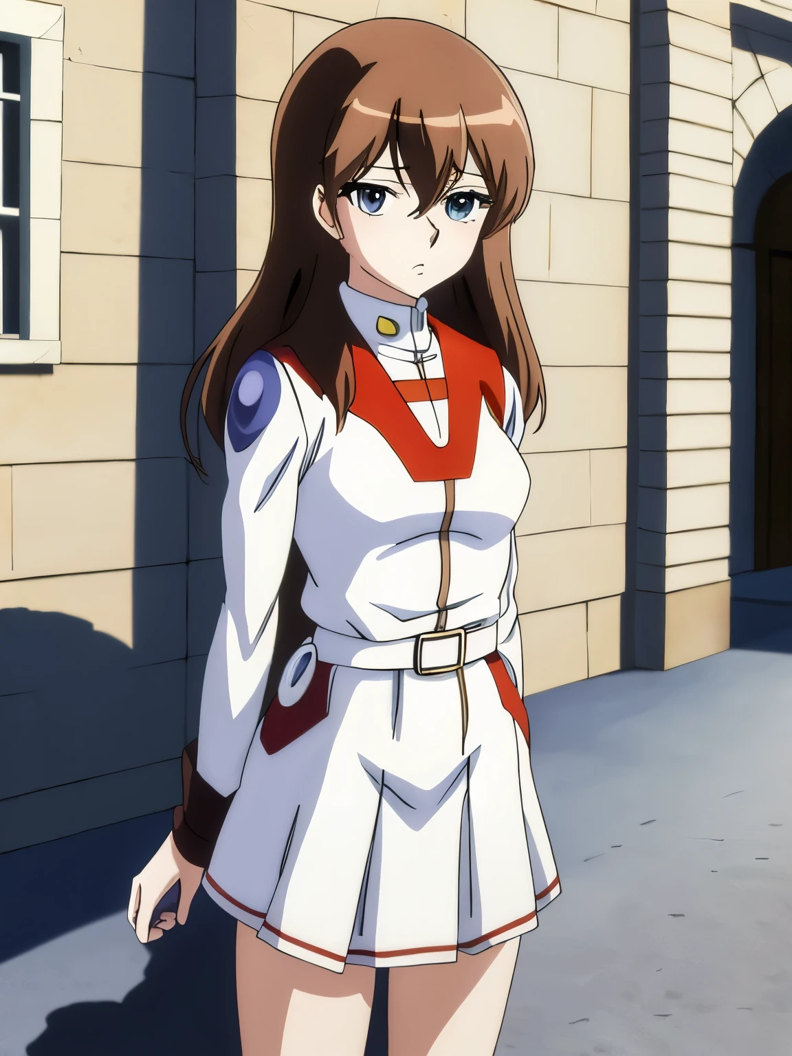 anime style, masterpiece, best quality, town, 1girl, solo, cowboy shot, hotaru, orange school_uniform, white skirt, long brown hair, white belt, boots, emotionless eyes, shadow over eyes,