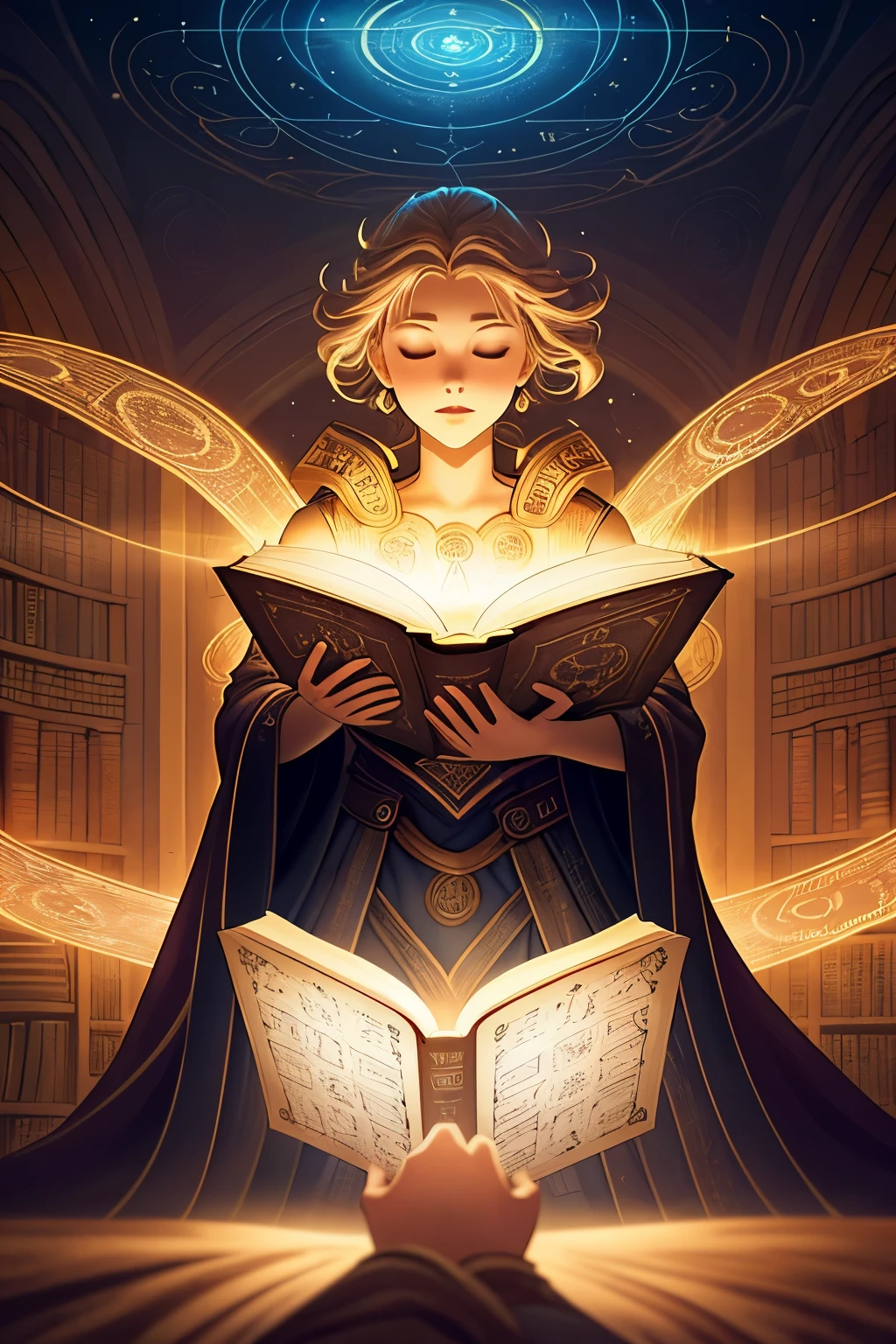 Create a captivating 16:9 image for the cover of the e-book, "Deciphering Their Signs." In the foreground, enigmatic symbols and glyphs swirl around in vibrant, glowing colors, inviting the viewer to unravel their mysteries. In the background, an ancient library, filled with dusty tomes and scrolls, extends infinitum. Walls adorned with intricate, celestial maps lead the gaze upward, guiding the way to the realm of understanding. A halo of soft, ethereal light surrounds an open book, its pages revealing cryptic texts and codes. The air is heavy with the scent of old