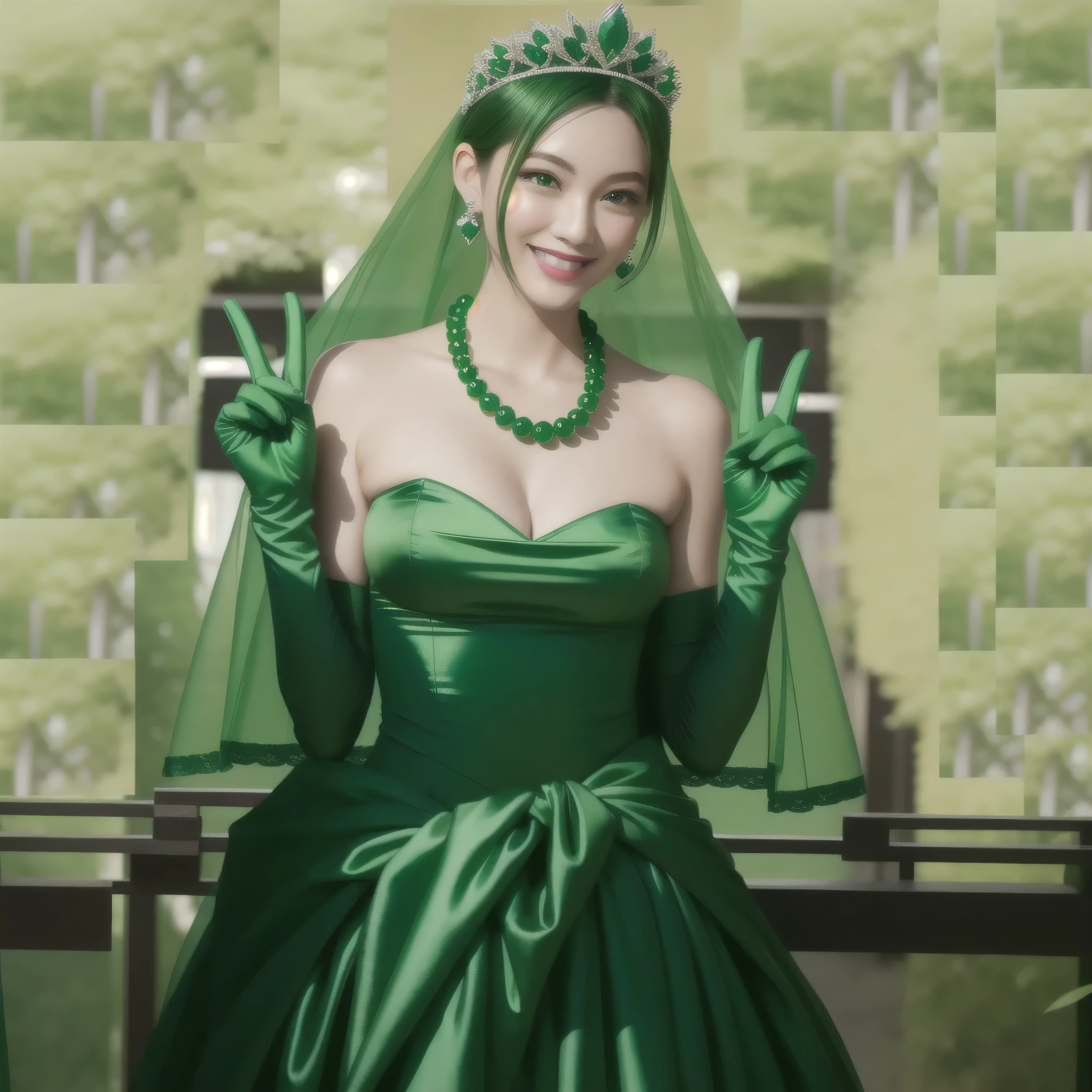 emerald tiara, green pearl necklace, ボーイッシュな非常に短いgreen hair, green lips, smiling Japanese woman, very short hair, Beautiful woman with big breasts, green eyes, green satin long gloves, green eyes, emerald earrings, green veil, Heart with both hands, green hair, beautiful japanese woman, heart shaped hands:1.3, green lip gloss