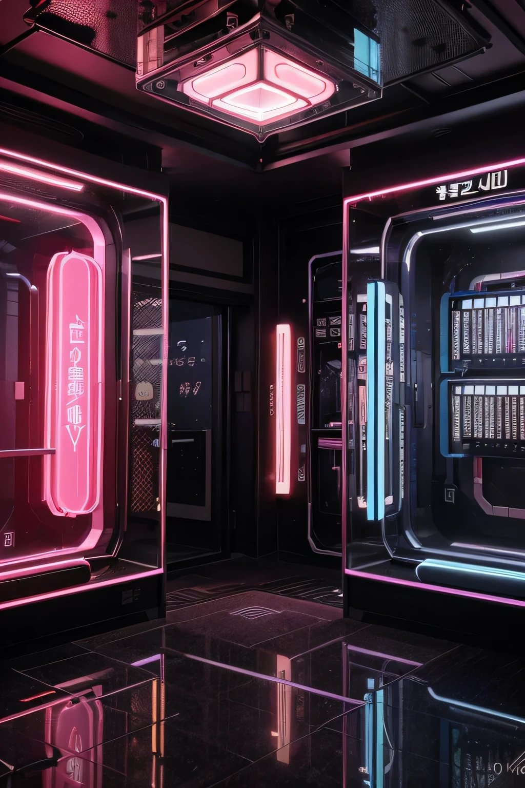 (Mejor calidad,4k,8K,high resolution,obra maestra:1.2),ultra detallado,(realista,photorealista,photo-realista:1.37),Tienda de vaporizadores Kyoto Cyberpunk,fluorine pink color,aesthetics,neon lights,high tech and futuristic,arquitectura futurista,hologramas en streaming,Ambiente urbano,meticulously designed showcase,Sleek and modern design,superficies reflectantes,Shiny metallic accents,translucent glass windows,luces LED parpadeantes,pop art inspired signage,Caracteres kanji japoneses con un toque futurista,vaporizadores meticulosamente elaborados,Technological devices,electronic screens,moda futurista,geometric patterns,interior lleno de vibrantes luces rosas y azules,paleta de colores agradable,chromatic aberration effect,Elementos tradicionales de Kioto fusionados con elementos cyberpunk.,the combination of ancient traditions and futuristic technology.