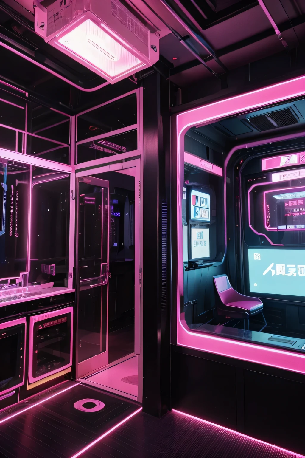 (Mejor calidad,4k,8K,high resolution,obra maestra:1.2),ultra detallado,(realista,photorealista,photo-realista:1.37),Tienda de vaporizadores Kyoto Cyberpunk,fluorine pink color,aesthetics,neon lights,high tech and futuristic,arquitectura futurista,hologramas en streaming,Ambiente urbano,meticulously designed showcase,Sleek and modern design,superficies reflectantes,Shiny metallic accents,translucent glass windows,luces LED parpadeantes,pop art inspired signage,Caracteres kanji japoneses con un toque futurista,vaporizadores meticulosamente elaborados,Technological devices,electronic screens,moda futurista,geometric patterns,interior lleno de vibrantes luces rosas y azules,paleta de colores agradable,chromatic aberration effect,Elementos tradicionales de Kioto fusionados con elementos cyberpunk.,the combination of ancient traditions and futuristic technology.