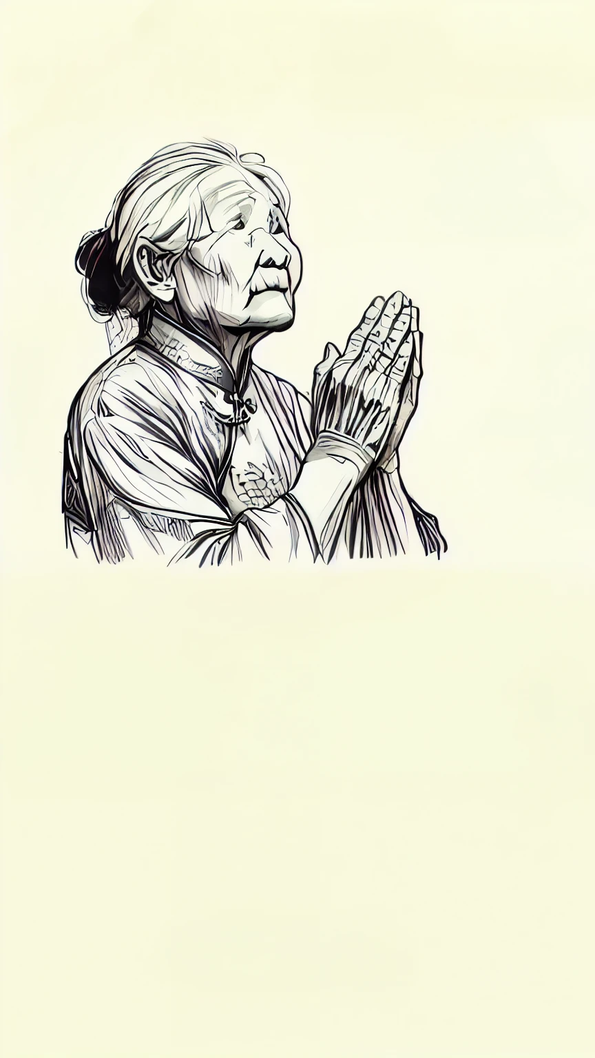 drawing of an old woman pray with her hands clasped, pray posture, by Li Zai, Chinese brush illustration, pray, author:Zhu Lian, author:Yang Borun, Inspired by Ruth Jên, Inspired by Lu Ji, traditional style, doing a prayer, by Qu Leilei, by Shi Zhonggui, old woman, prayer