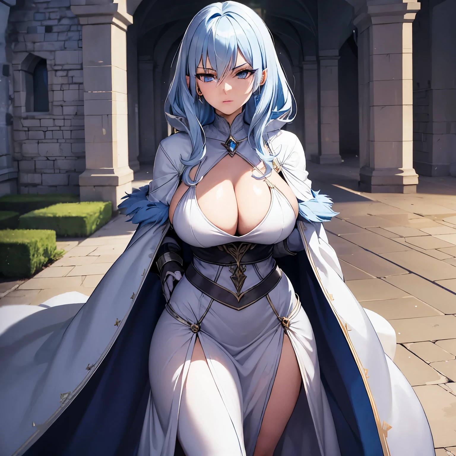 [POV: She is walking towards you, you are tresspassing] Milf, Female Archmage, Crystal Archmage, Crystal Magic User,  High ranking female mage, wearing white cloak, dark fantasy, OC, mature, dark and realistic, human, Lawful Good, Light blue hair, humble, serious look, eyeliner (Castle walls, walking towards you)