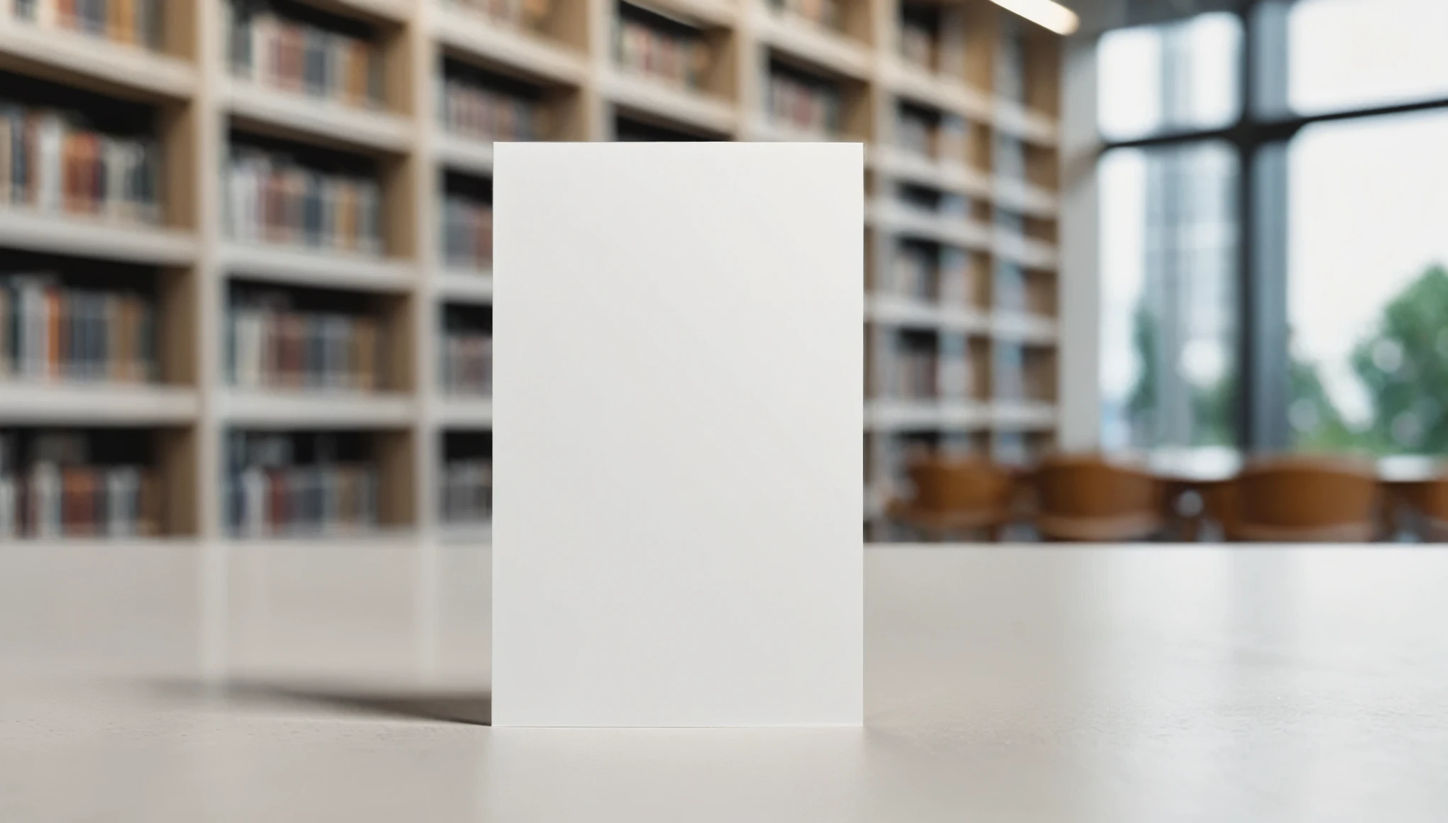 realistic mockup of a blank white business card, vertical position, has to be in a vertical position, with a slight paper texture, and a blurred background of a modern library