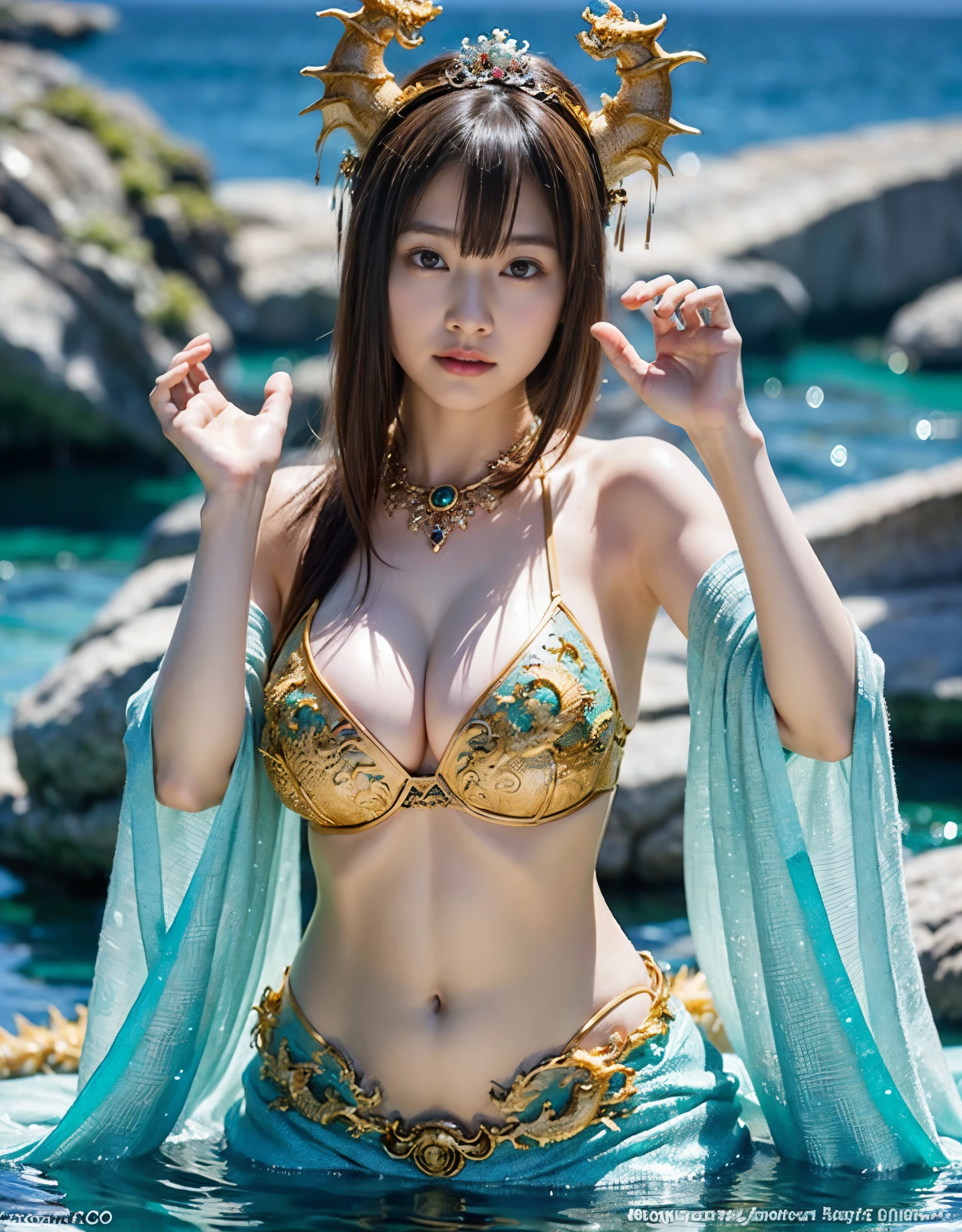 (very heavy chest)、highest quality、masterpiece、ultra high resolution、(water dragon armor)、(((Metal製))),(((big breasts)))、(((露出の高いピンクcolorののマイクロビキニ))),(she wears a beautiful crown made of precious stones.),(Photoreal:1.4)、RAW photo、1 girl、(((random hair))、(((color々take a pose)))、glowing skin、(((water chinese dragon)))、intricate and gorgeous hair ornaments、(looks like a gorgeous necklace)、(someone who looks at you calmly, Eyes like a goddess.)happiness:1.2).((beautiful sea background))、cliff、(ruins background)、((Ultra realistic details))、portrait、global illumination、(sexy pose)、Shadow、octane rendering、16k、big breasts、Raw skin exposed in the cleavage、Metal、intricate decorative details、Japan details、very intricate details、realistic light、CG Society Trenlow Eyes、Eyes shining towards the camera、(((heavy big))),Shining eyes shine、armpit、24k,
