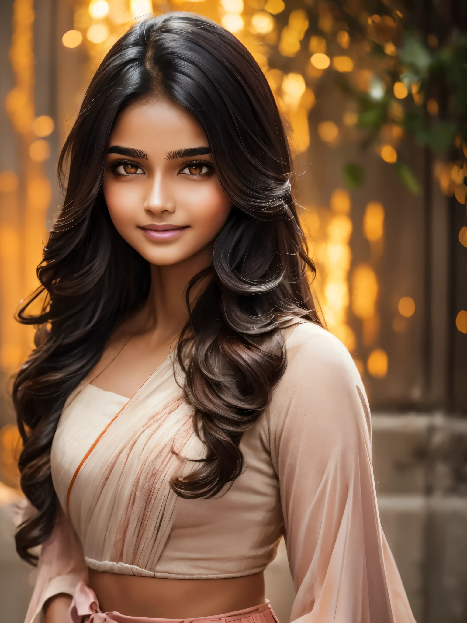 Fair Indian complexion with a healthy glow. Young girl (20yo), orange eyes that shimmer like flickering flames, framed by long, dark eyelashes.
Straight eyebrows elegantly frame her face.
Dark brown hair cascades down in sleek strands.
A small, distinct black dot on the upper side of her left cheek.
A straight nose with a subtle curve.
Thin, well-defined lips with a natural pink hue.
Radiant smile that exudes warmth and happiness.