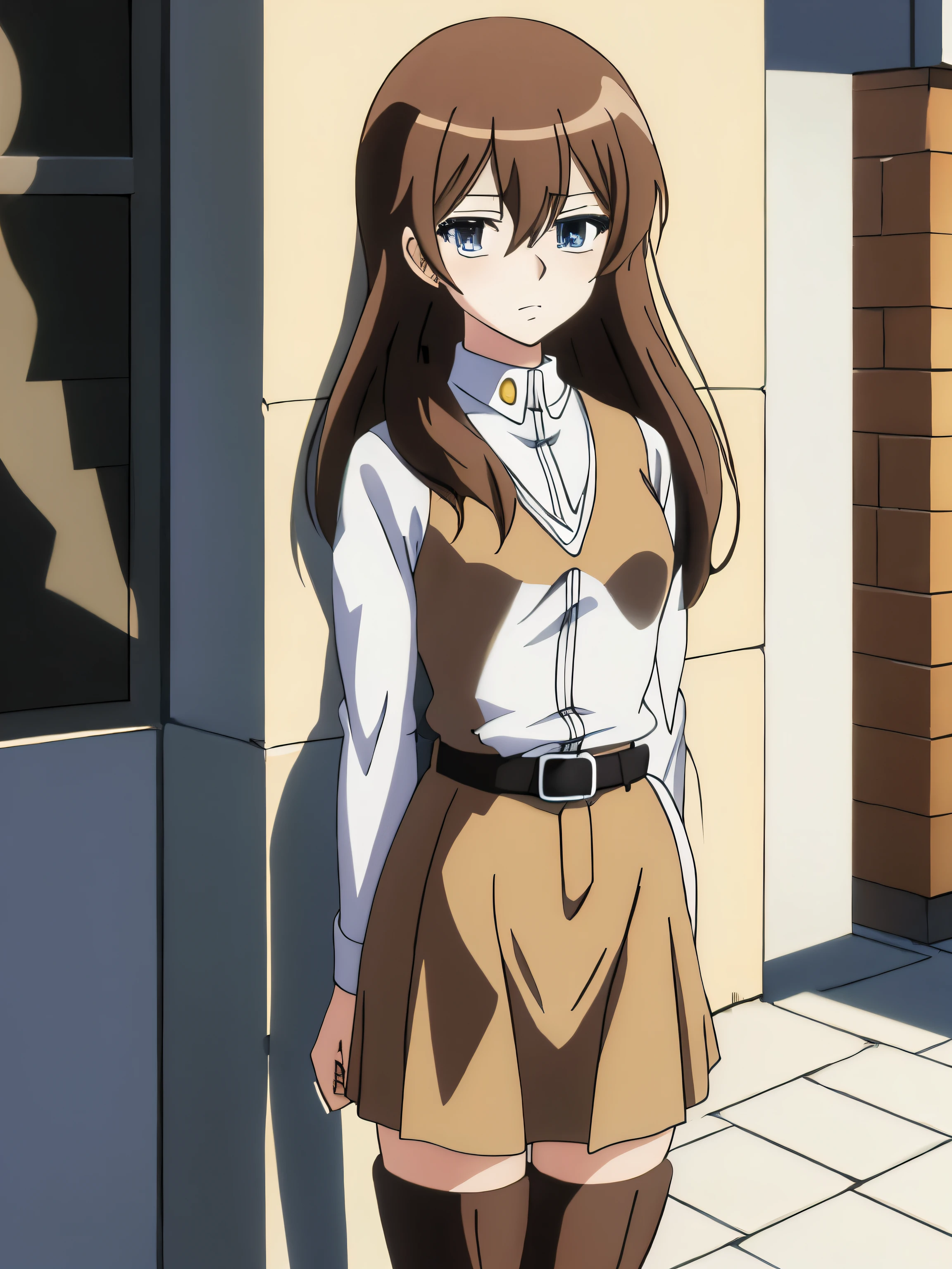 anime style, masterpiece, best quality, town, 1girl, solo, cowboy shot, hotaru, school_uniform, long brown hair, white belt, boots, emotionless eyes, shadow over eyes,