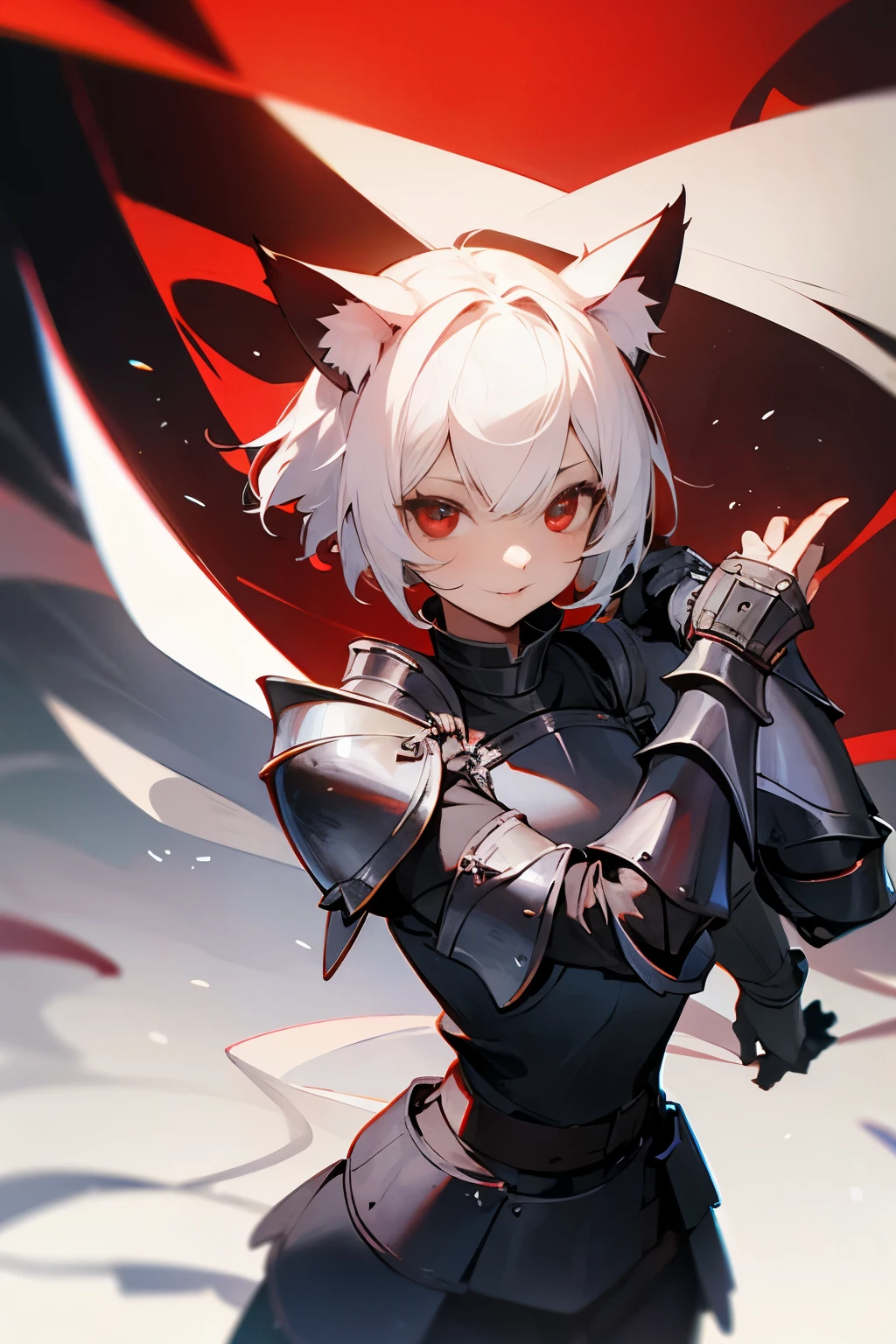 Girl, short white hair, red eyes, cat ears, knight's armor,