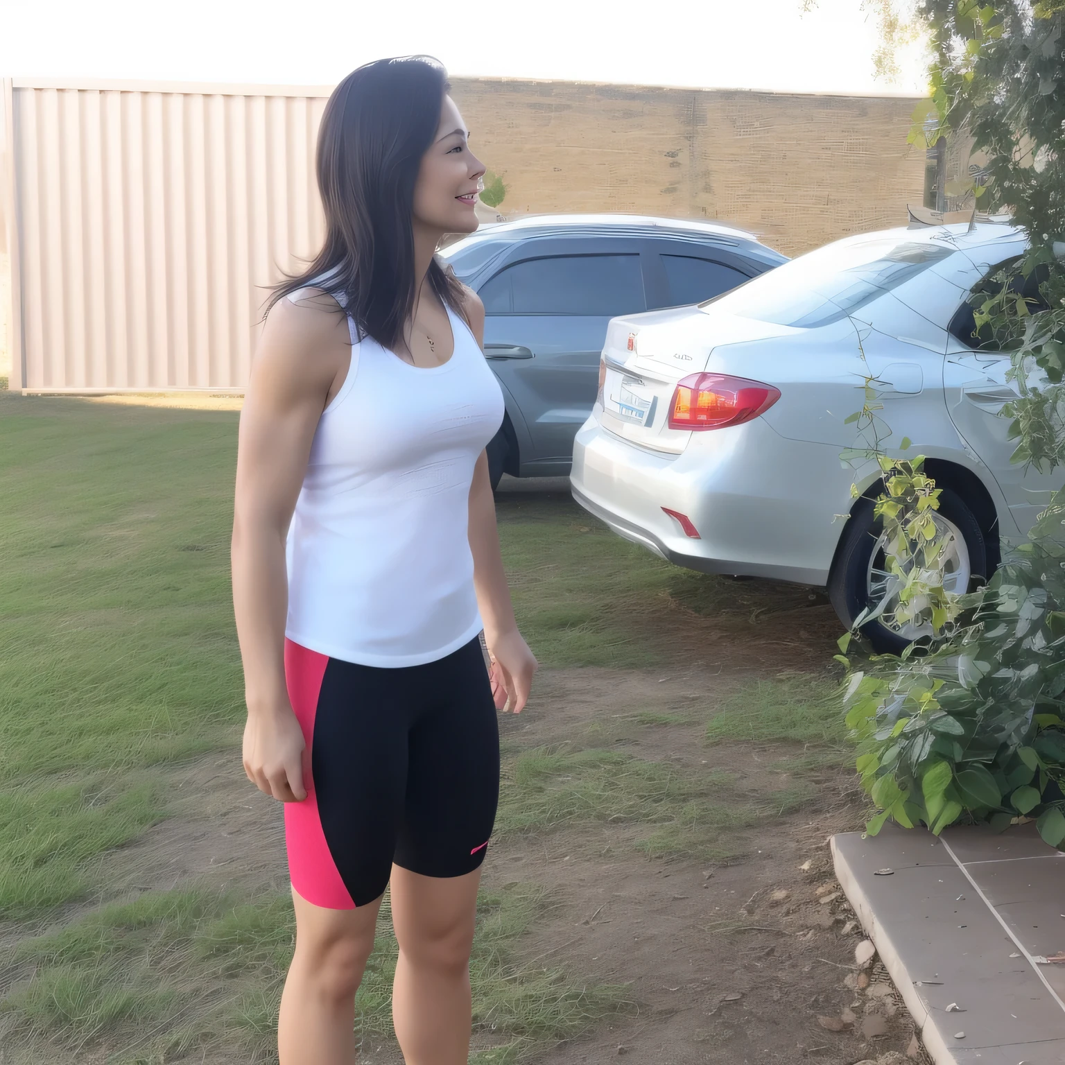 there is a woman standing in the yard, side photo, outside, full front, side pose, profile pose, ponytail reaching to her waist, outside a house, profile pose, medium photo taken from behind, side portrait, 3/ 4 side view, hunched posture, looking sideways!, sideways, posed in profile, rear photo. Woman in good physical shape. A woman with white skin and dark hair. She is about 35 years old. Her slightly plump red lips are like a delicate flower, her dark brown eyes seem to contain a world of wonders. Slim body. Thin waist. Her body exudes glamor and her face is the definition of beauty. Highly realistic, still, slightly full lips, pink lipstick, smile, feeling of lightness and joy, hyper-realism, very elaborate skin, look. Fitness woman. Sharp photo, high quality, high resolution, masterpiece, 8k.