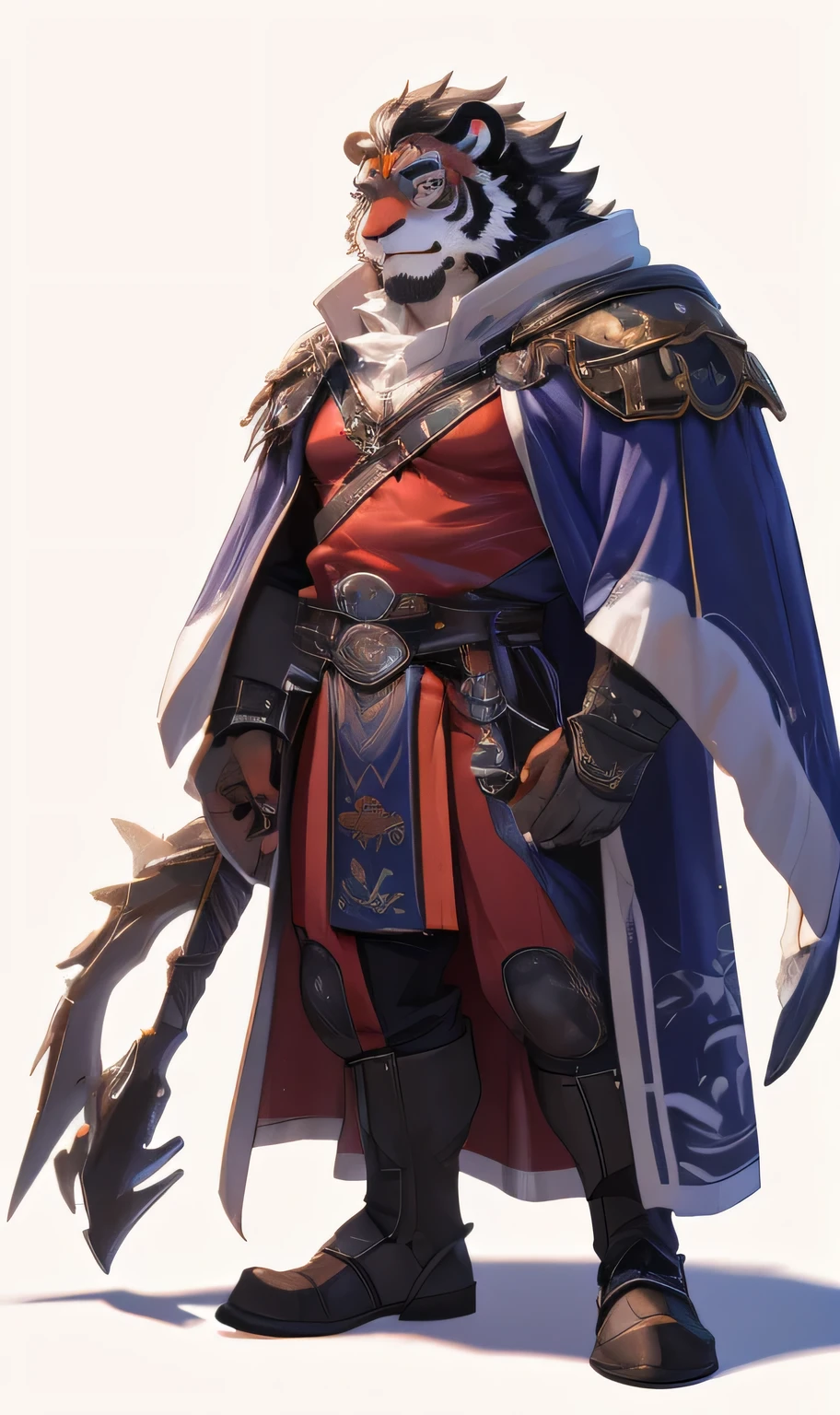 perfect anatomy, (ultra deTailed), sharp focus, Eye, brown pupils, hairy, orange fur, There are orange-red hairs on the head, orange beard, human nature (tiger), male, middle aged, Tachibana main body, white belly, Tail,orange eyebrows,Muscular and big, big man,bare breasts,knight clothing, red cherry long cloak, character design sheet,ultra deTailed face, depth of field, motion blur, high deTails, high quality, Award-winning, HD, 16K, (best quality,4K,8K,High resolution,masterpiece:1.2),ultra-deTailed,actual:1.37,HDR,UHD,studio lighting,extreme deTail description,professional,bright colors, ((masterpiece)), (((best quality))),(character design sheet, same characters, front, side, Back), illustration, environmental change scenarios, Chatongbetalora, (simple Background, white Background: 1.3) information,character design sheet,背面front侧面描绘