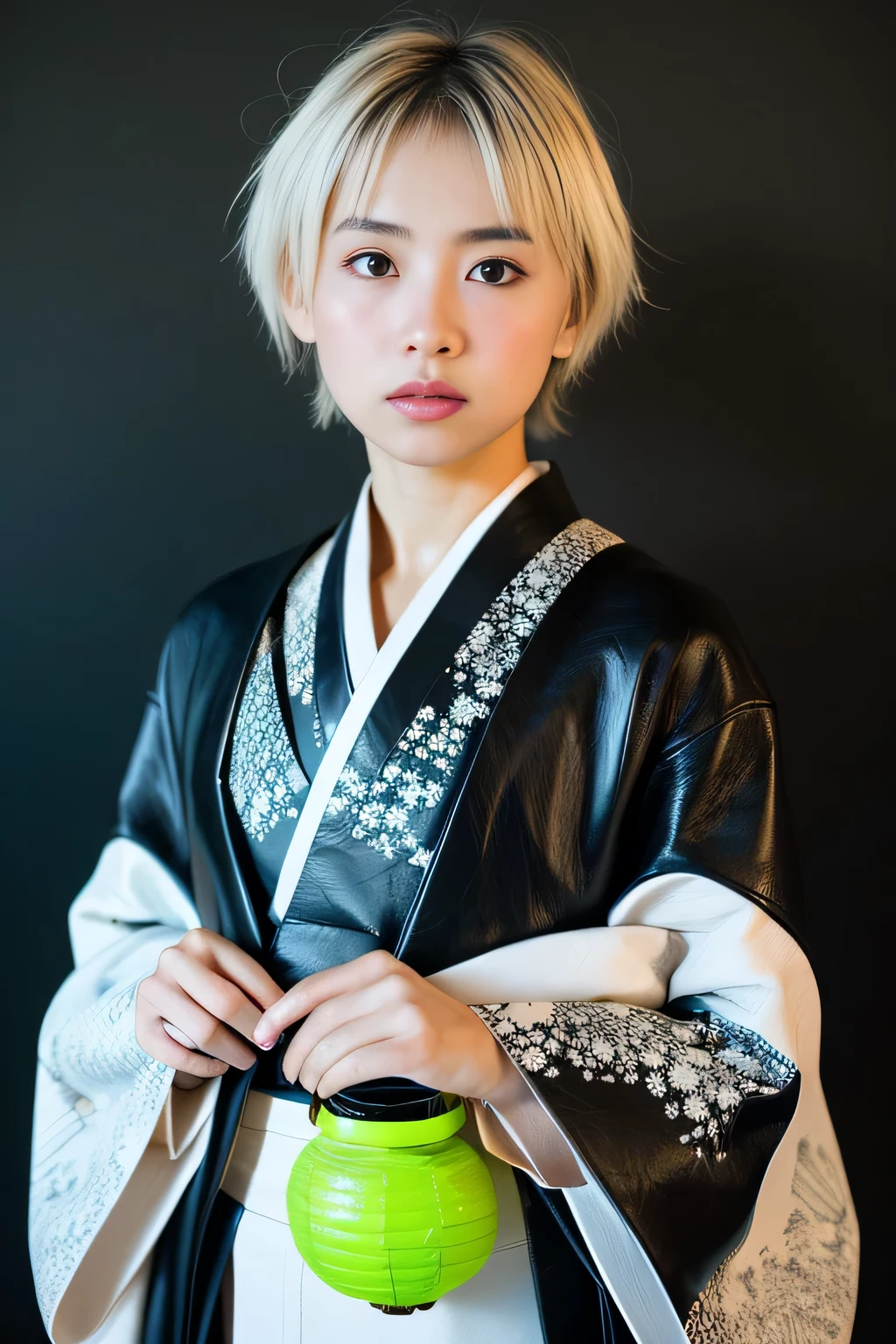 {(white short hair,peaIhair, mismatched pupiIs, gradient hair, SurreaIism, FujicoIor, first person perspective, FujifiIm, 8K, super detaiI, (16k), High resolution, Award history, HD1.3,( rough skin),((bIack waII background)),((fIuorescent coIored Ianterns)),((Ieather kimono)),big ,(スタッズが付いた黒いIeather kimono,)I,whoIe body