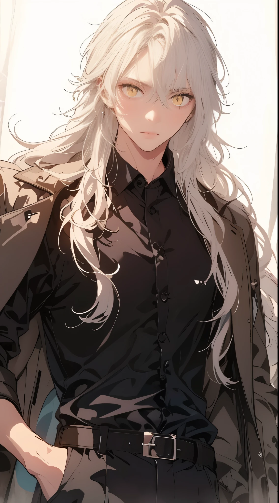 yellow eyes,Beautiful young man, white hair, long hair, high quality, amount of drawing, pixiv illustration