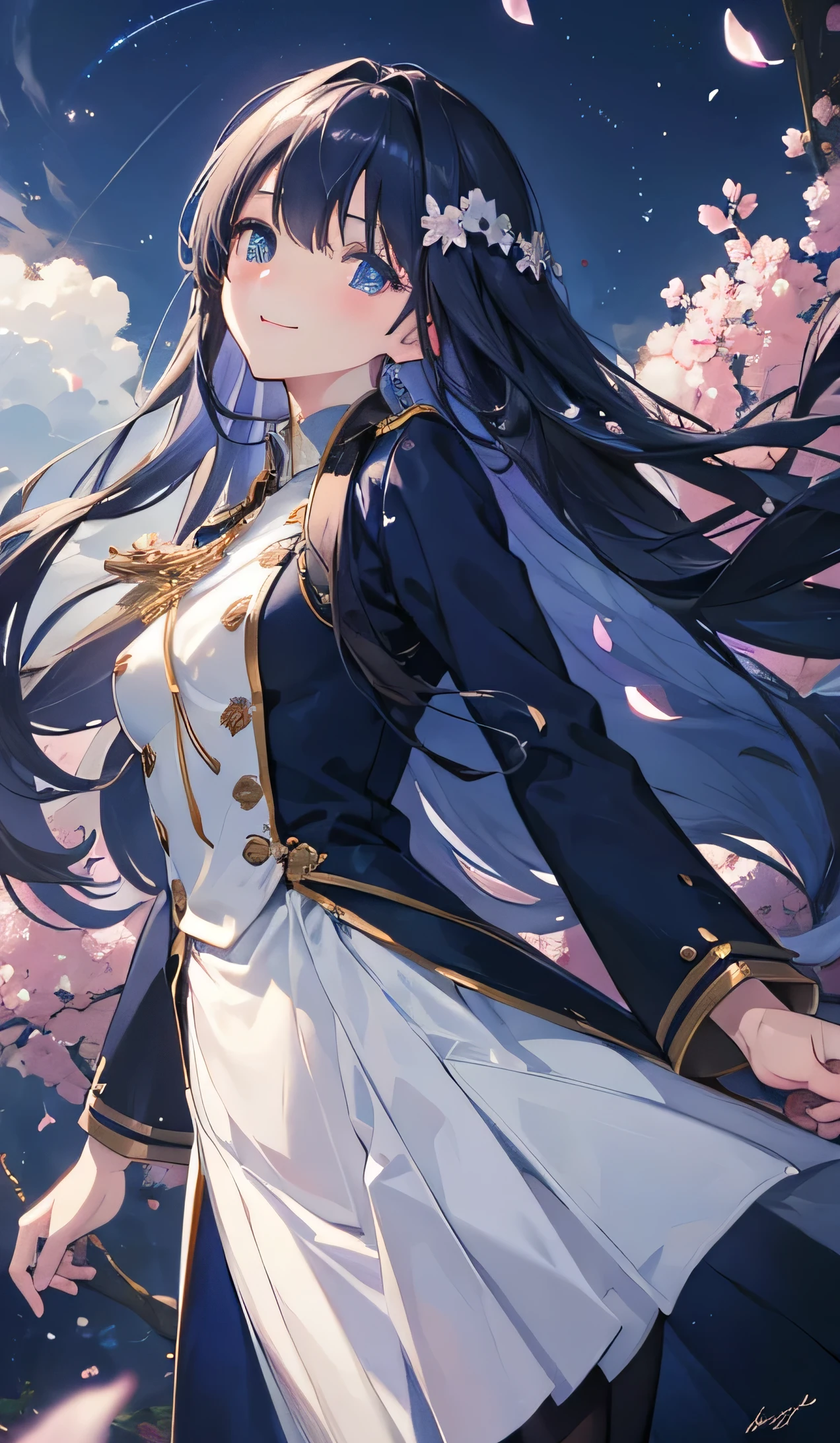 masterpiece、highest quality、Detailed CG、dark blue long hair、navy blue eyes、flowing hair、smile、flying petals、uniform、amazing background、look up from below
