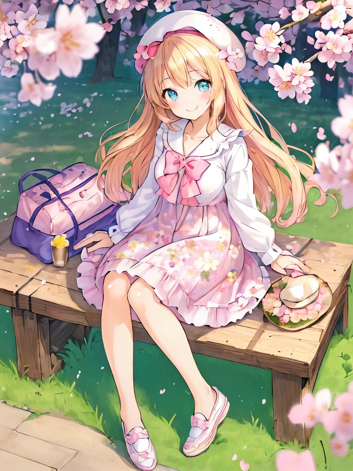 ((masterpiece)), ((best quality)), (ultra-detailed), (kawaii), kawaii, cute, lovely, illustration, anime style, (beautiful eyes), Spring-themed, girl's fashion illustration featuring a beret hat. Style: "Casual, Floral Print Dress, Beret Hat, White Canvas Shoes." Pose: "Smiling, Enjoying Picnic in Park." Background: "Cherry Blossom Trees, Picnic Blanket.