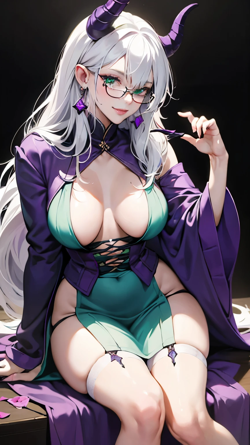 8k, masterpiece, best quality, highly detailed, 1girl, tiefling, warlock, multicolored hair, white hair, long hair, strippled hair, glasses, earrings, mole, glowing green eyes, closed left eye, sexy, teal and purple robe, miniskirt, garter belt, high heels, navel piercing, white shirt, holding staff, villainous, seductive smile, sitting on theone, flirtatious, fullbody view, dress decorate with rose, rings, looking at viewer, hand touching chin, pink lips.