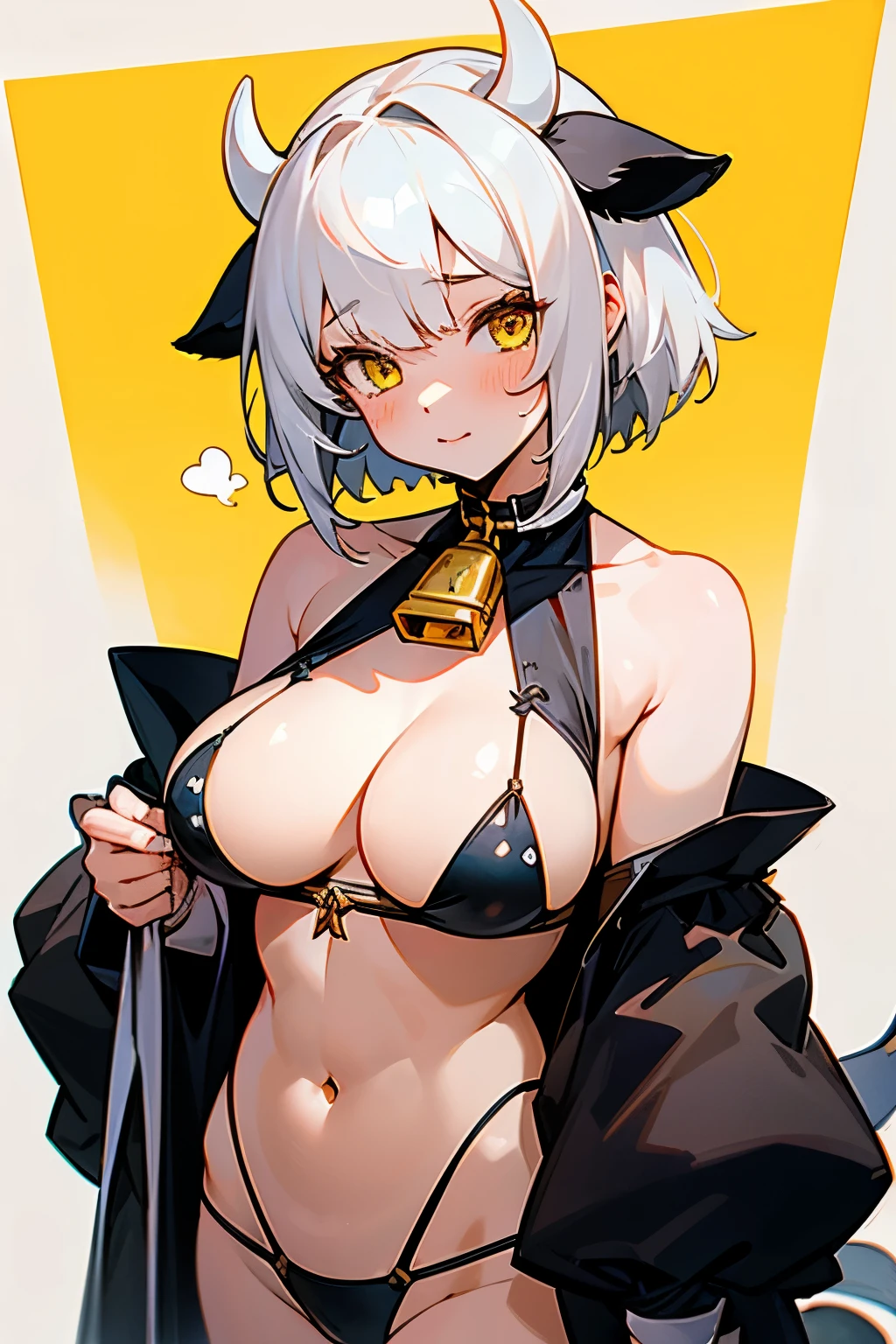 Cute girl, cow costume, short white hair, yellow eyes, cow horns, cow tail, cow ears, bell, black and white spotted skin, big chest, bare shoulders, exposed stomach,