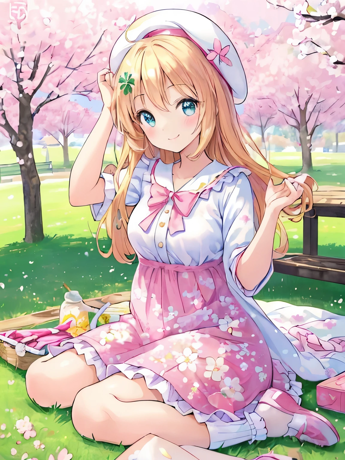 ((masterpiece)), ((best quality)), (ultra-detailed), (kawaii), kawaii, cute, lovely, illustration, anime style, (beautiful eyes), Spring-themed, girl's fashion illustration featuring a beret hat. Style: "Casual, Floral Print Dress, Beret Hat, White Canvas Shoes." Pose: "Smiling, Enjoying Picnic in Park." Background: "Cherry Blossom Trees, Picnic Blanket.