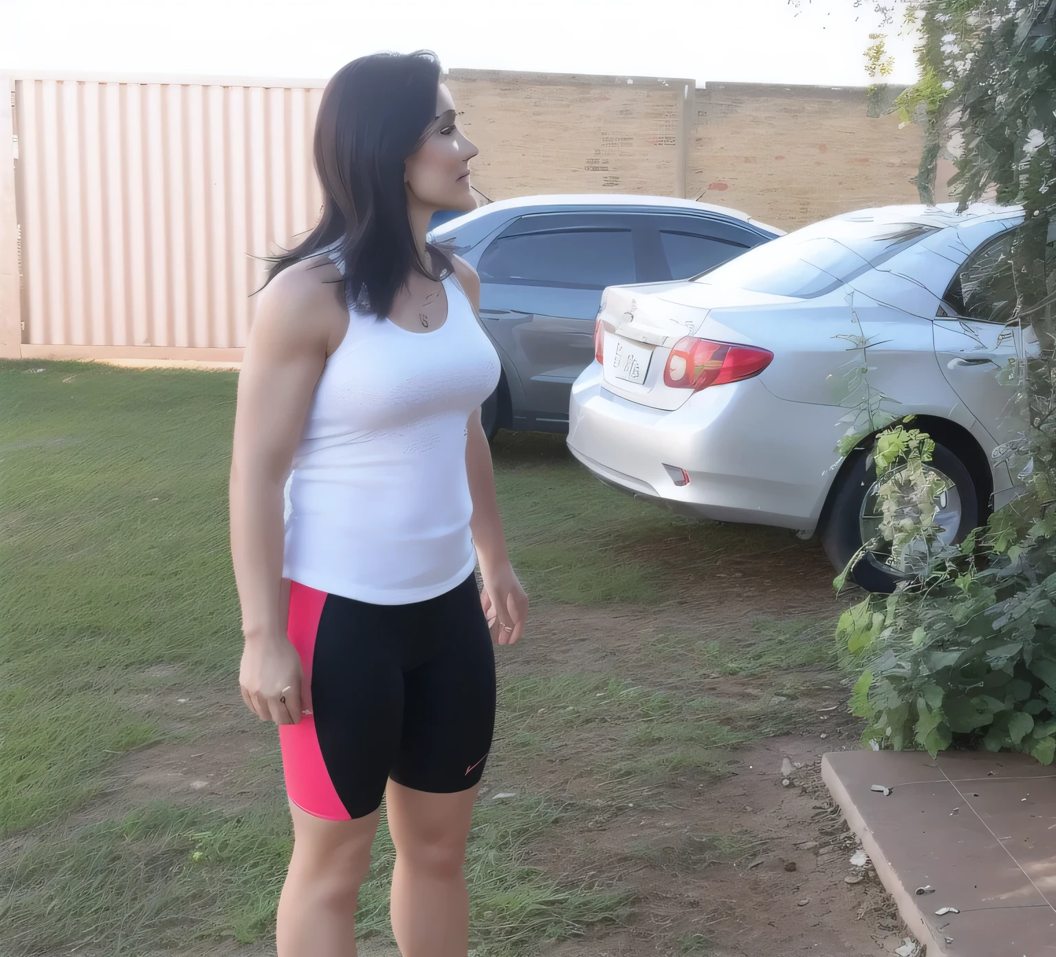 there is a woman standing in the yard, side photo, outside, full front, side pose, profile pose, ponytail reaching to her waist, outside a house, profile pose, medium photo taken from behind, side portrait, 3/ 4 side view, hunched posture, looking sideways!, sideways, posed in profile, rear photo. Woman in good physical shape. A woman with white skin and dark hair. She is about 35 years old. Her slightly plump red lips are like a delicate flower, her dark brown eyes seem to contain a world of wonders. Slim body. Thin waist. Her body exudes glamor and her face is the definition of beauty. Highly realistic, still, slightly full lips, pink lipstick, smile, feeling of lightness and joy, hyper-realism, very elaborate skin, look. Fitness woman. Sharp photo, high quality, high resolution, masterpiece, 8k.