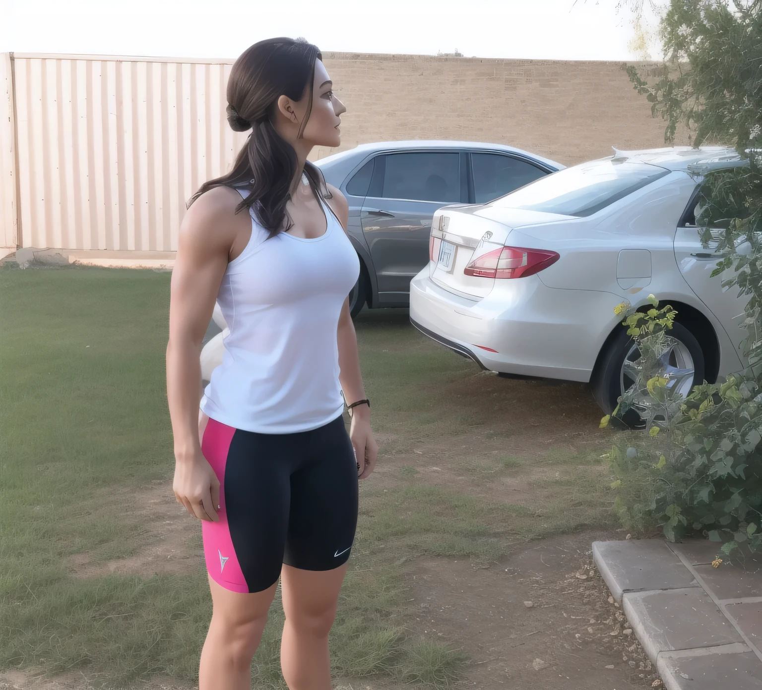 there is a woman standing in the yard, side photo, outside, full front, side pose, profile pose, ponytail reaching to her waist, outside a house, profile pose, medium photo taken from behind, side portrait, 3/ 4 side view, hunched posture, looking sideways!, sideways, posed in profile, rear photo. Woman in good physical shape. A woman with white skin and dark hair. She is about 35 years old. Her slightly plump red lips are like a delicate flower, her dark brown eyes seem to contain a world of wonders. Slim body. Thin waist. Her body exudes glamor and her face is the definition of beauty. Highly realistic, still, slightly full lips, pink lipstick, smile, feeling of lightness and joy, hyper-realism, very elaborate skin, look. Fitness woman. Sharp photo, high quality, high resolution, masterpiece, 8k.