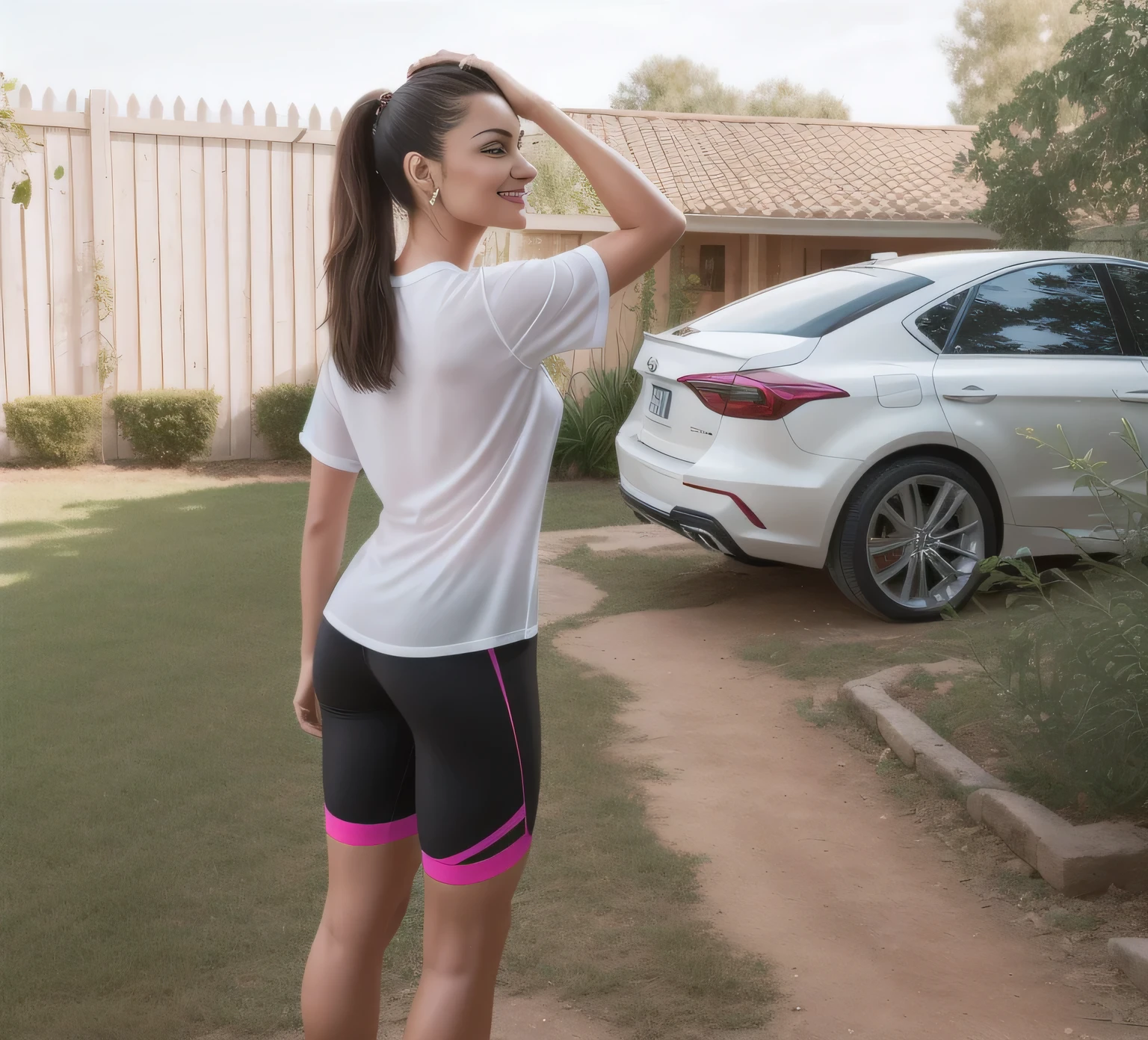 there is a woman standing in the yard, side photo, outside, full front, side pose, profile pose, ponytail reaching to her waist, outside a house, profile pose, medium photo taken from behind, side portrait, 3/ 4 side view, hunched posture, looking sideways!, sideways, posed in profile, rear photo. Woman in good physical shape. A woman with white skin and dark hair. She is about 35 years old. Her slightly plump red lips are like a delicate flower, her dark brown eyes seem to contain a world of wonders. Slim body. Thin waist. Her body exudes glamor and her face is the definition of beauty. Highly realistic, still, slightly full lips, pink lipstick, smile, feeling of lightness and joy, hyper-realism, very elaborate skin, look. Fitness woman. Sharp photo, high quality, high resolution, masterpiece, 8k.