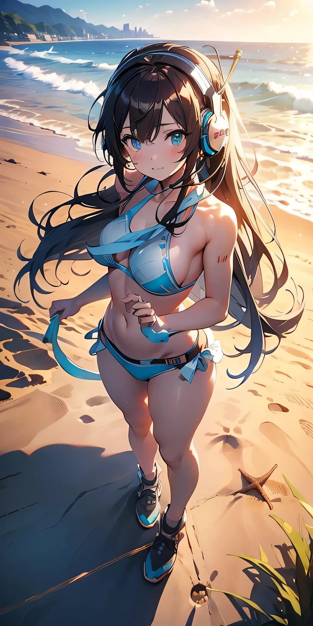 all inticate details: "(cowboy shot, full body, miku nakano, miku nakano, long hair, bangs, blue eyes, brown hair, hair between eyes, headphones, headphones around neck, nakano miku, firm breasts, medium breasts
BREAK bikini,
BREAK outdoors, beach,
BREAK looking at viewer, BREAK (masterpiece:1.2), best quality, high resolution, unity 8k wallpaper, (illustration:0.8), (beautiful detailed eyes:1.6), extremely detailed face, perfect lighting, extremely detailed CG, (perfect hands, perfect anatomy))" ,Miku nakano, ((random low angle))