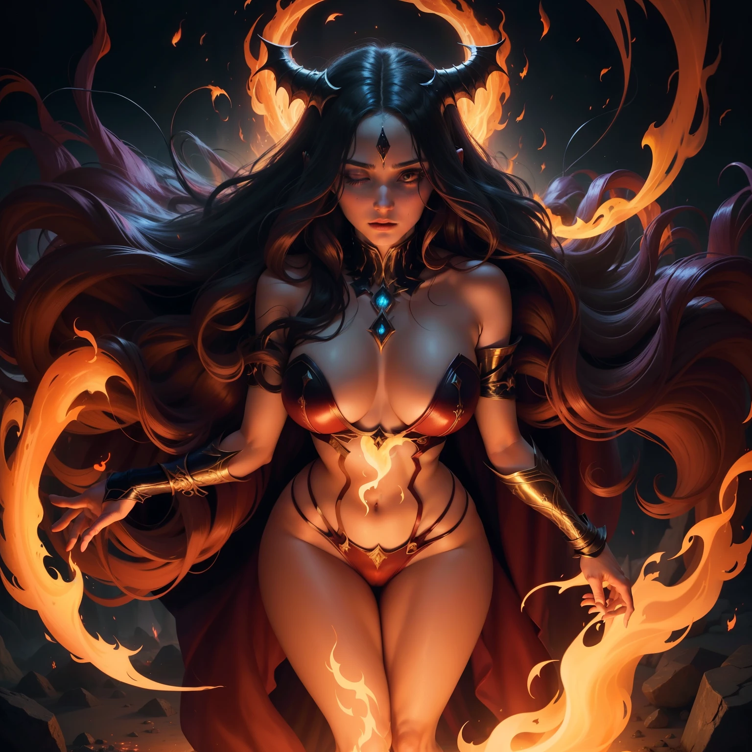 Sorceress woman performing a mystical sexual ritual, surrounded by flickering flames, with her long, wavy hair cascading down her back, revealing an otherworldly aura as demons look on in awe.