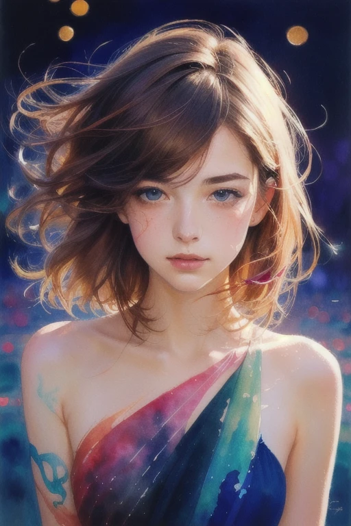 (8k, best quality, masterpiece:1.2),(best quality:1.0), (ultra highres:1.0), watercolor, a beautiful woman, shoulder, hair ribbons, by agnes cecile, half body portrait, extremely luminous bright design, pastel colors, (ink:1.3), autumn lights