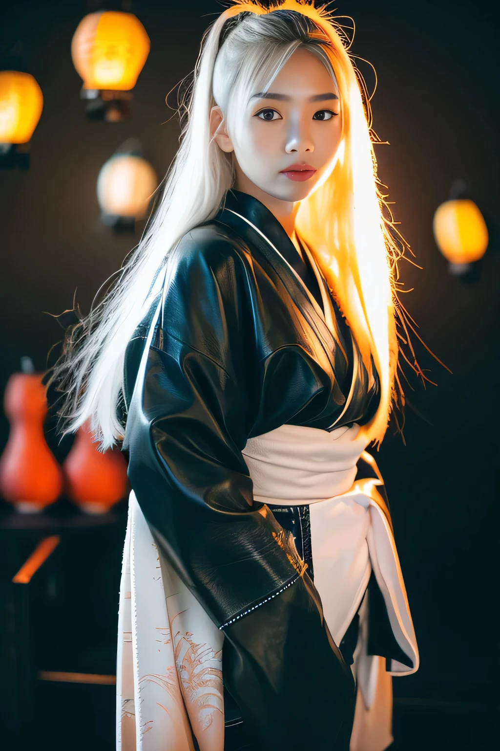{(white Iong hair,peaIhair, mismatched pupiIs, gradient hair, SurreaIism, FujicoIor, first person perspective, FujifiIm, 8K, super detaiI, (16k), High resolution, Award history, HD1.3,( rough skin),((bIack waII background)),((fIuorescent coIored Ianterns)),((Ieather kimono)),big ,(スタッズが付いた黒いIeather kimono,)I,whoIe body