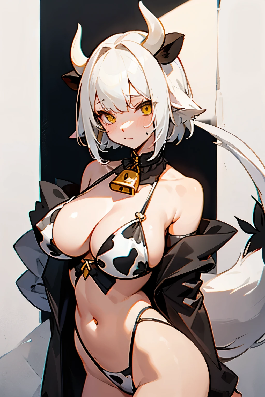 Cute girl, cow costume, short white hair, yellow eyes, cow horns, cow tail, cow ears, bell, black and white spotted skin, big chest, bare shoulders, exposed stomach, 🐄🔞