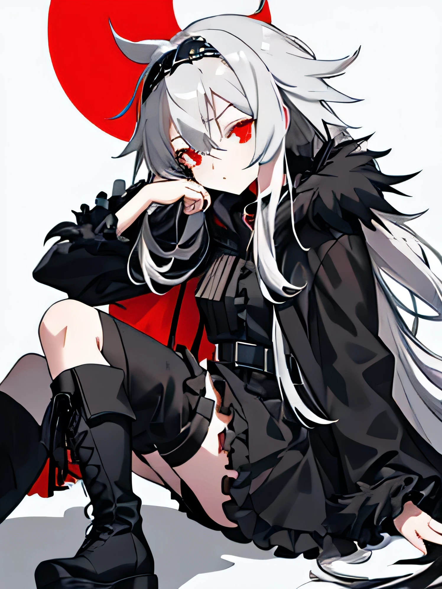 gray hair,　　　　　　　　　　　　　　　messy hair,　　　　　　　　　　　long hairstyle,　　　　　　　　　　red eyes,　　　　　　　　　　　　 girl,　　　　　　　　　　　　　　White Thong,　　　　　　　　　　　　black military uniform,　　　　　black gothic  style,　　　　　black ruffle headband,　　　　　　black boots,　　　　　　　　　　　black fur cloak,　