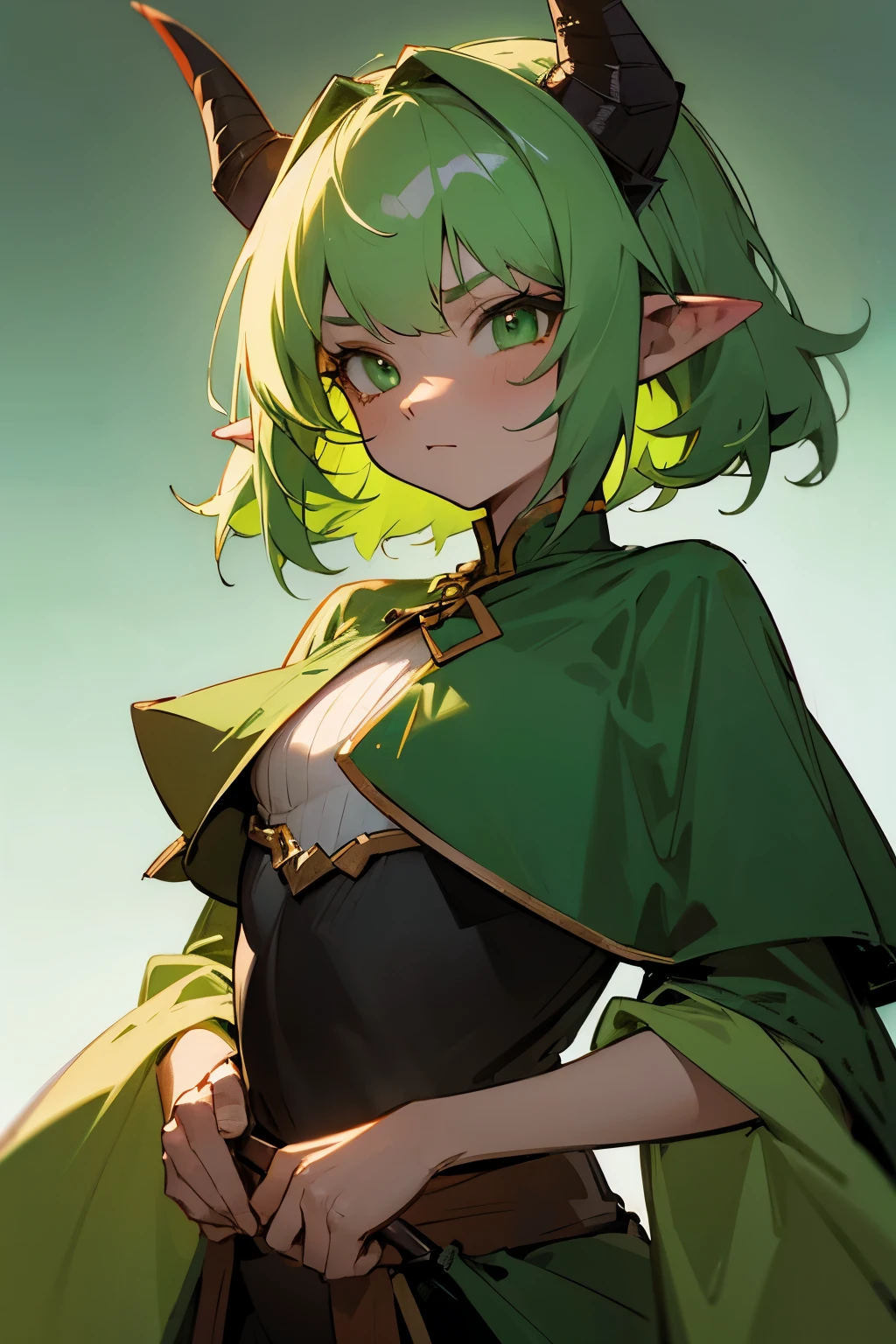 Girl, short light green hair, green eyes, horns, pointy ears, dwarf, medium sized chest. 