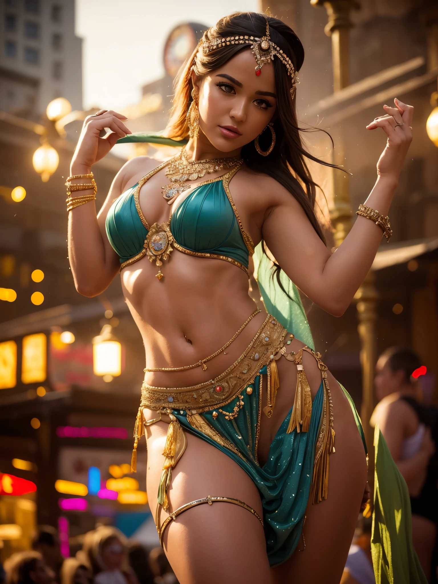 RAW, Best quality, high resolution, masterpiece: 1.3), Beautiful belly dancer in vibrant costume, Masterpiece: 1.3, Enchanting belly dancer, Masterpiece, Wide-legged stance, Knees bent, Hip drop, Dynamic lighting, Cinematic shot, 75mm, Technicolor, Panavision, Cinemascope, Sharp focus, Fine details, 8k, HDR, Realism, Realistic, Key visual, Film still, Cinematic color grading, Depth of field

A stunning belly dancer stands in the heart of a vibrant marketplace, her wide-legged stance and bent