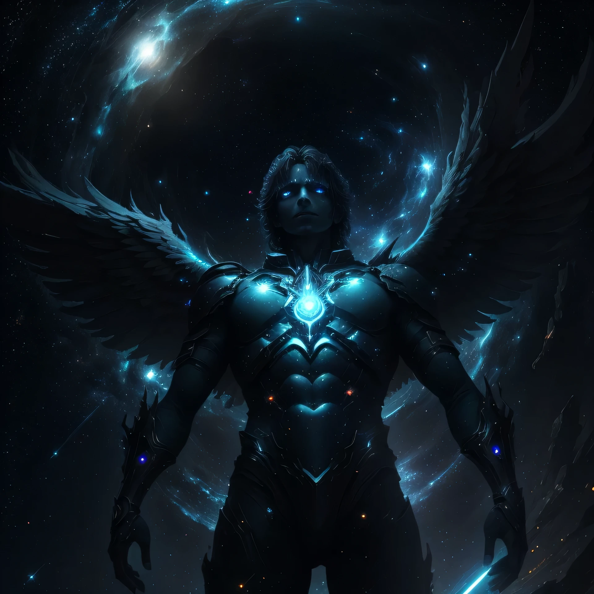In the vast expanse of the cosmos, a fallen angel named Mshiv is depicted in an Ultra HD image. Os olhos dele, olhos brilhantes e claros, radiate with an unearthly light that cuts through the darkness of space. The biomechanics integrated into his body give him a peculiar and disgusting appearance, de pesadelo, que se destaca entre as estrelas.

Cores muito brilhantes illuminate the scene as light particles, com luz brilhando, dance around him. The intricacies of your Biomechanics are proudly displayed as light reflects off the metal. The strange and horrible appearance of this fallen man creates a strange