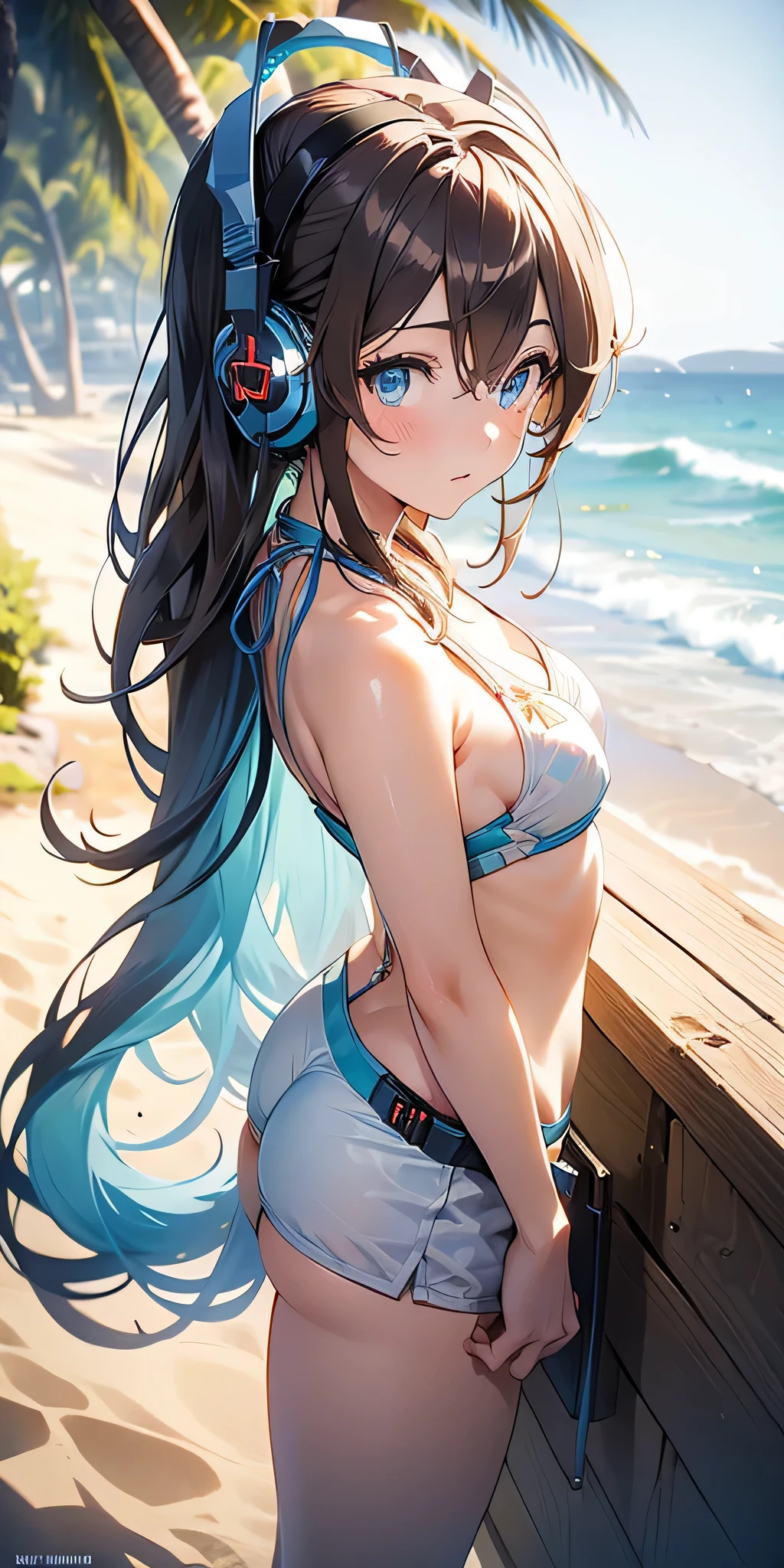 all inticate details: "(cowboy shot, full body, miku nakano, miku nakano, long hair, bangs, blue eyes, brown hair, hair between eyes, headphones, headphones around neck, nakano miku, firm breasts, medium breasts
BREAK bikini,
BREAK outdoors, beach,
BREAK looking at viewer, BREAK (masterpiece:1.2), best quality, high resolution, unity 8k wallpaper, (illustration:0.8), (beautiful detailed eyes:1.6), extremely detailed face, perfect lighting, extremely detailed CG, (perfect hands, perfect anatomy))" ,Miku nakano, ((random side angle))