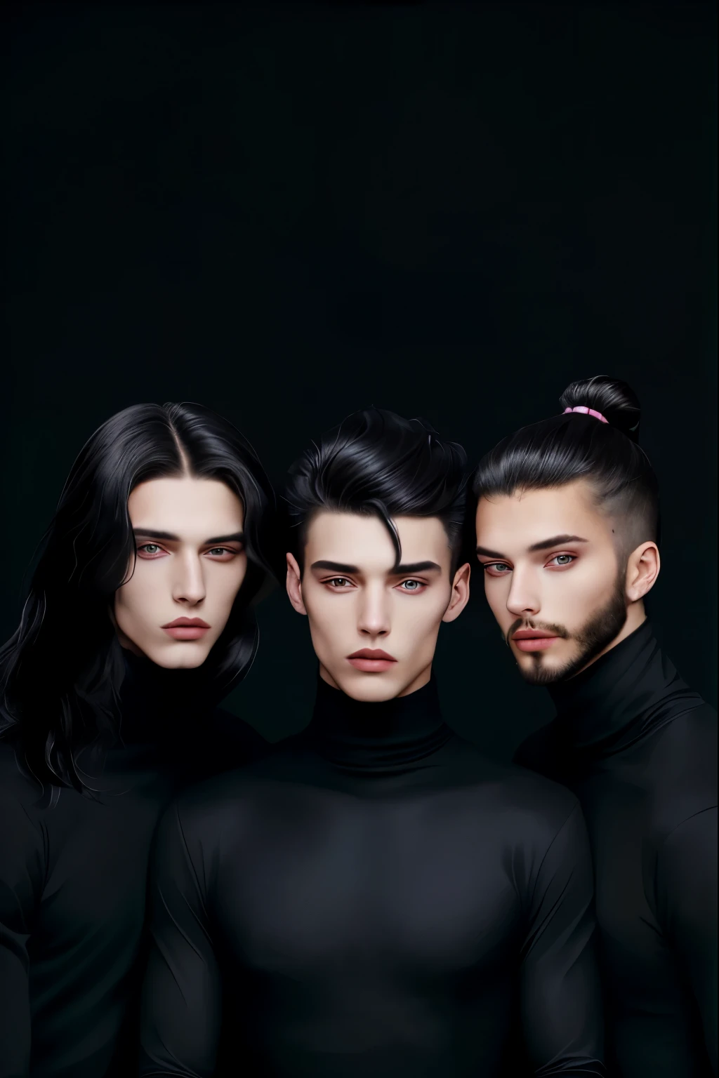 three beautiful young men, 25 years old each, they are wearing a turtleneck and long-sleeved shirt, in black, their faces are close to each other, they are in a fashion and beauty photo shoot, the image is of bust and face, fashion editorial, fashion guys, bust and face, black outfit.