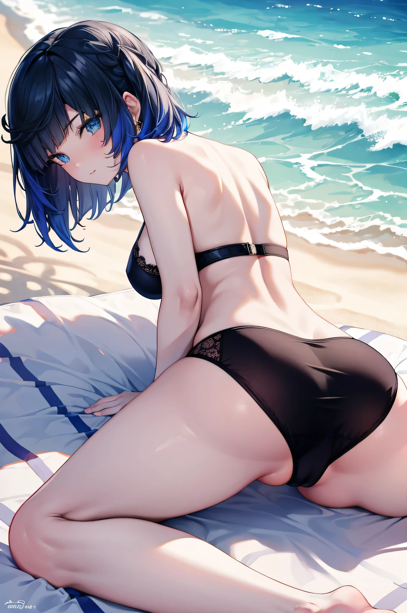 YelanV4, ((Yelan lying on stomach)), on beach, solo, black lingerie, from behind, looking back, (mature woman:1.2), (detailed face), blue eyes, (detailed eyes), symmetric eyes, facial details, atheletic back, voluptuous body, slim waist, HD, 8K, vivid colors, intricate, (absurdres:1.2), best quality, masterpiece, sunny day, sand, waves, blue sky, pulled down panty, afb-lora, ass close-up