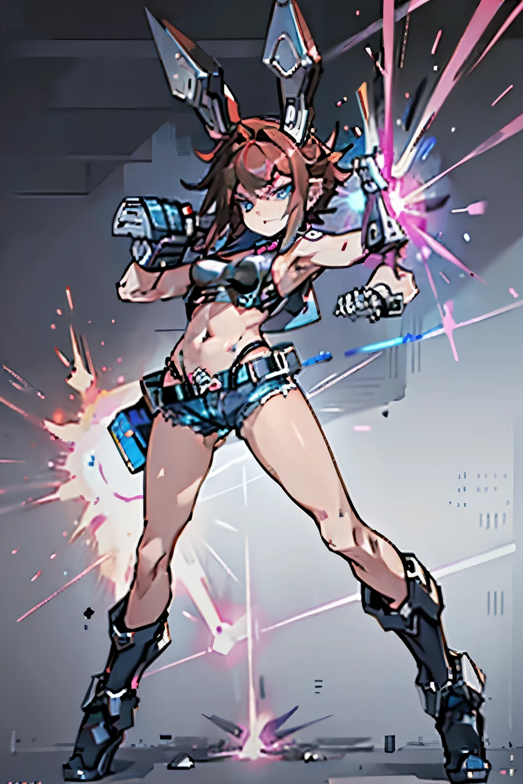 Best image quality, cowboy shot, one woman, punk fashion woman, brown spiky hair, other shaved, sharp eyes, sparkling blue eyes, glaring expression, black leather jacket with lots of studs, short pink tank top, rabbit illustration, low-rise denim shorts with visible belly button, black work boots, dynamic pose, dynamic angle, red stucco wall background,