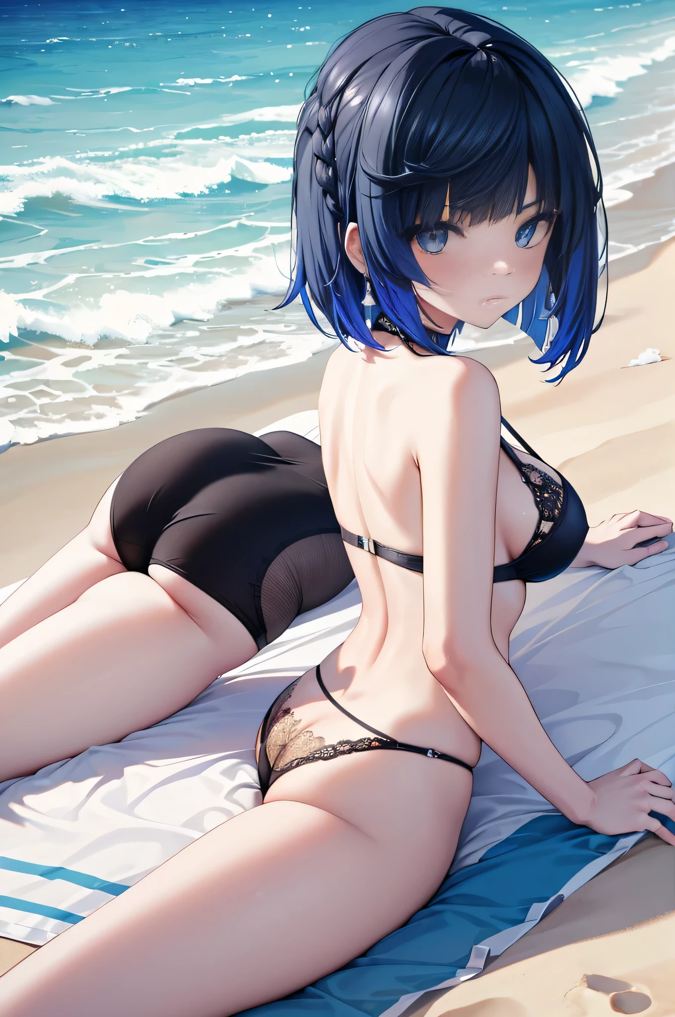 YelanV4, ((Yelan lying on stomach)), on beach, solo, black lingerie, from behind, looking back, (mature woman:1.2), (detailed face), blue eyes, (detailed eyes), symmetric eyes, facial details, atheletic back, voluptuous body, slim waist, HD, 8K, vivid colors, intricate, (absurdres:1.2), best quality, masterpiece, sunny day, sand, waves, blue sky, pulled down panty, afb-lora, ass close-up