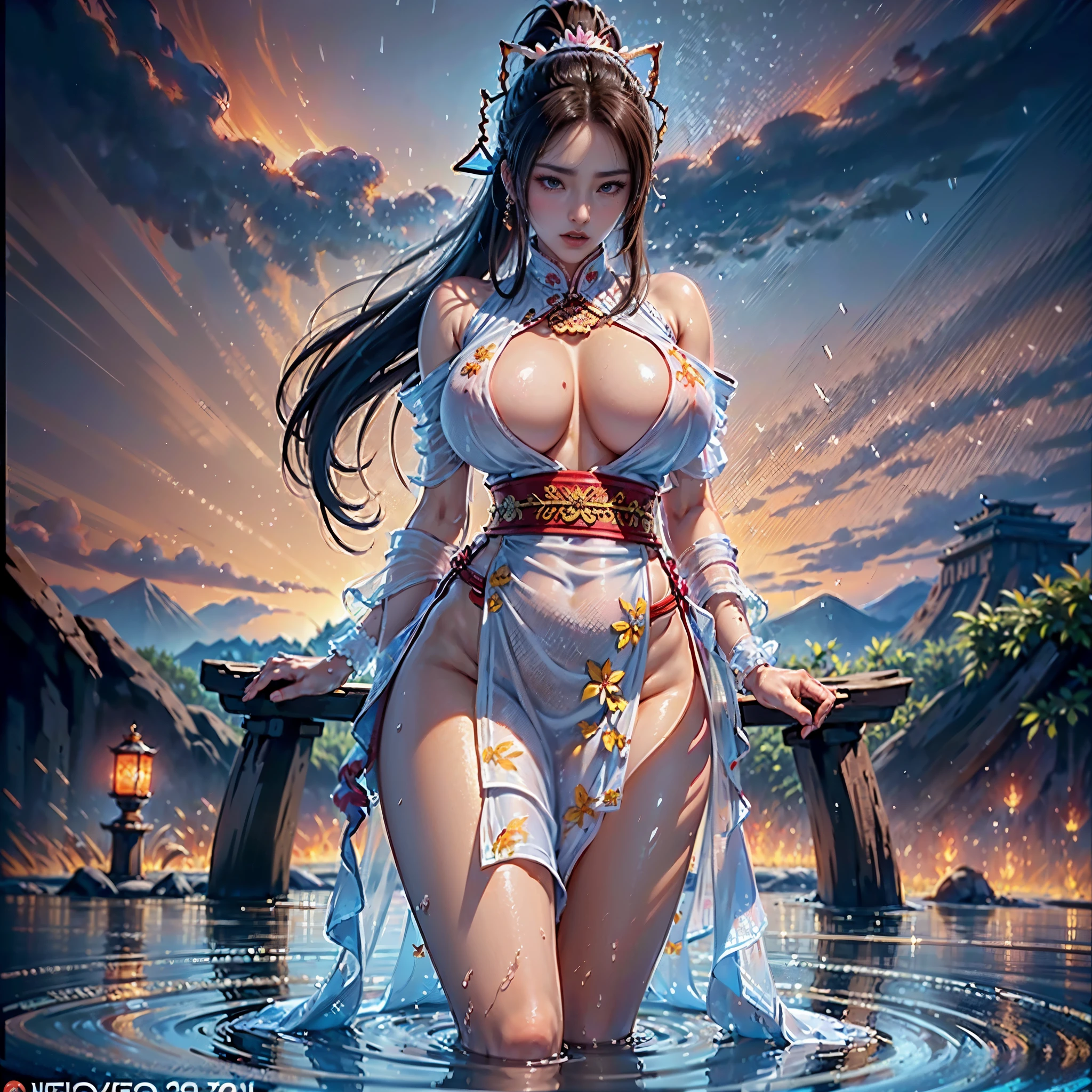 (full body picture,full body display),((epic composition,Ancient battlefield of China,A woman wearing a flowing white gauze skirt,water goddess,There is a pair of water wings behind him,whole body xianxia,high ponytail,Photographed from below,Rich scene details,Smoke was everywhere,In the distance is a tall tower,The flames illuminate the sky red)),(25 years old,Majestic and stern expression,bare breasts,pink nipples,raised nipples),((anatomically correct,8k, super detail, UHD, masterpiece, super detail, high details, high quality, award winning, best quality, highres, 1080P, HD, 4K, 8k, ccurate))