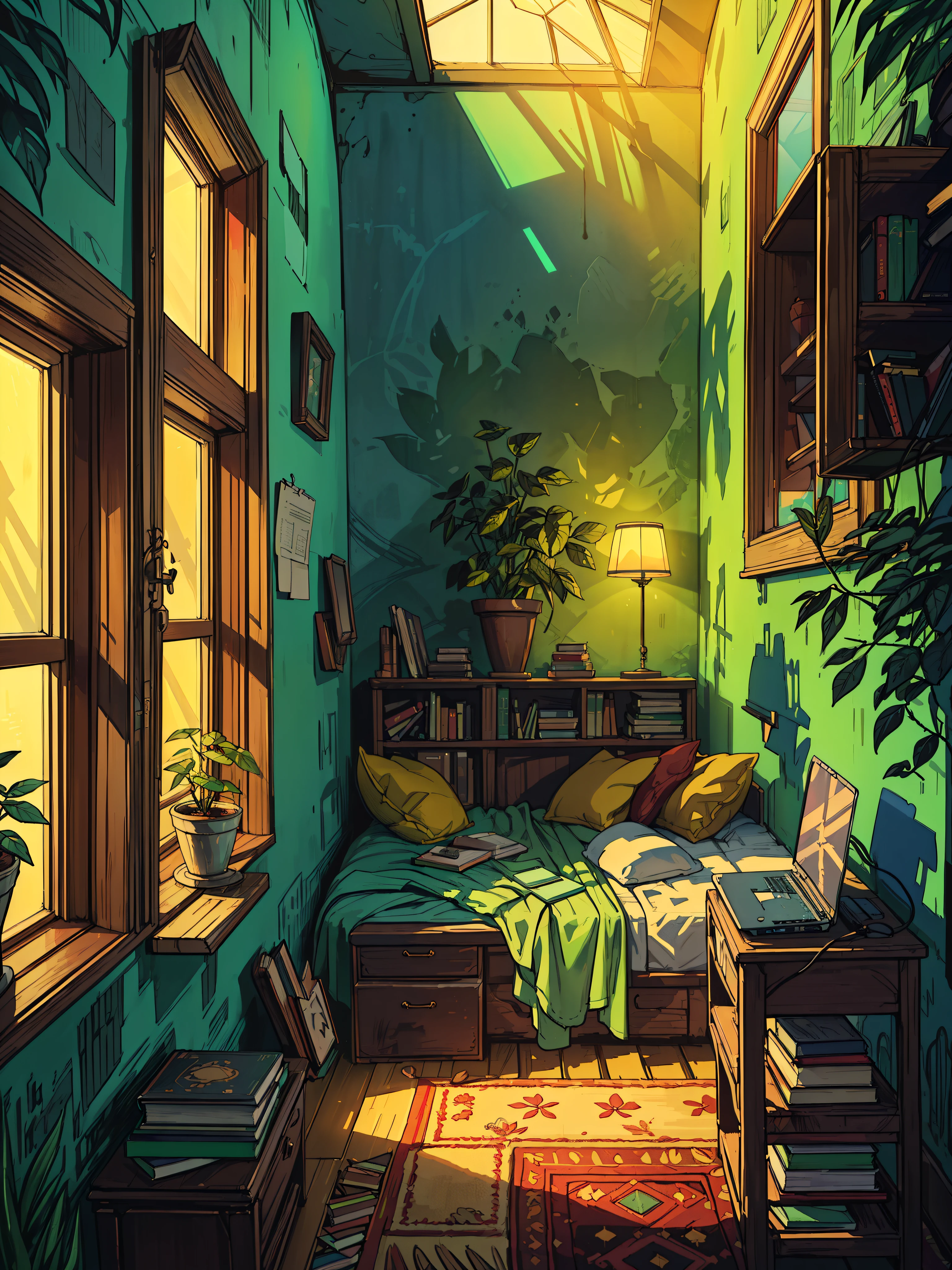 (masterpiece:1), (wide view:1.7),(workspace setup:1.8), (red and green tones:1.3), (laptop:1.6), (books:1.65), silence, (plat pots:1.5), (blinders:1.5), (red soft light through window:1.7), (big leafy plants:1.5), magnificent sky, (volumetric light:1.2), peaceful, (floor bed:1.4), (aesthetically pleasing:1.5),(bright light:1.3), (calmness:1.3), (yellow walls:1.5), (shadow:1.4), (beautiful aesthetics:1.2), (carpet:1.5), (frames on wall:1.4) beautiful tones, subtle colors, peaceful, (illustration: 1.0), epic composition, realistic lighting, (no human:1.6), HD details, masterpiece, best quality, ,