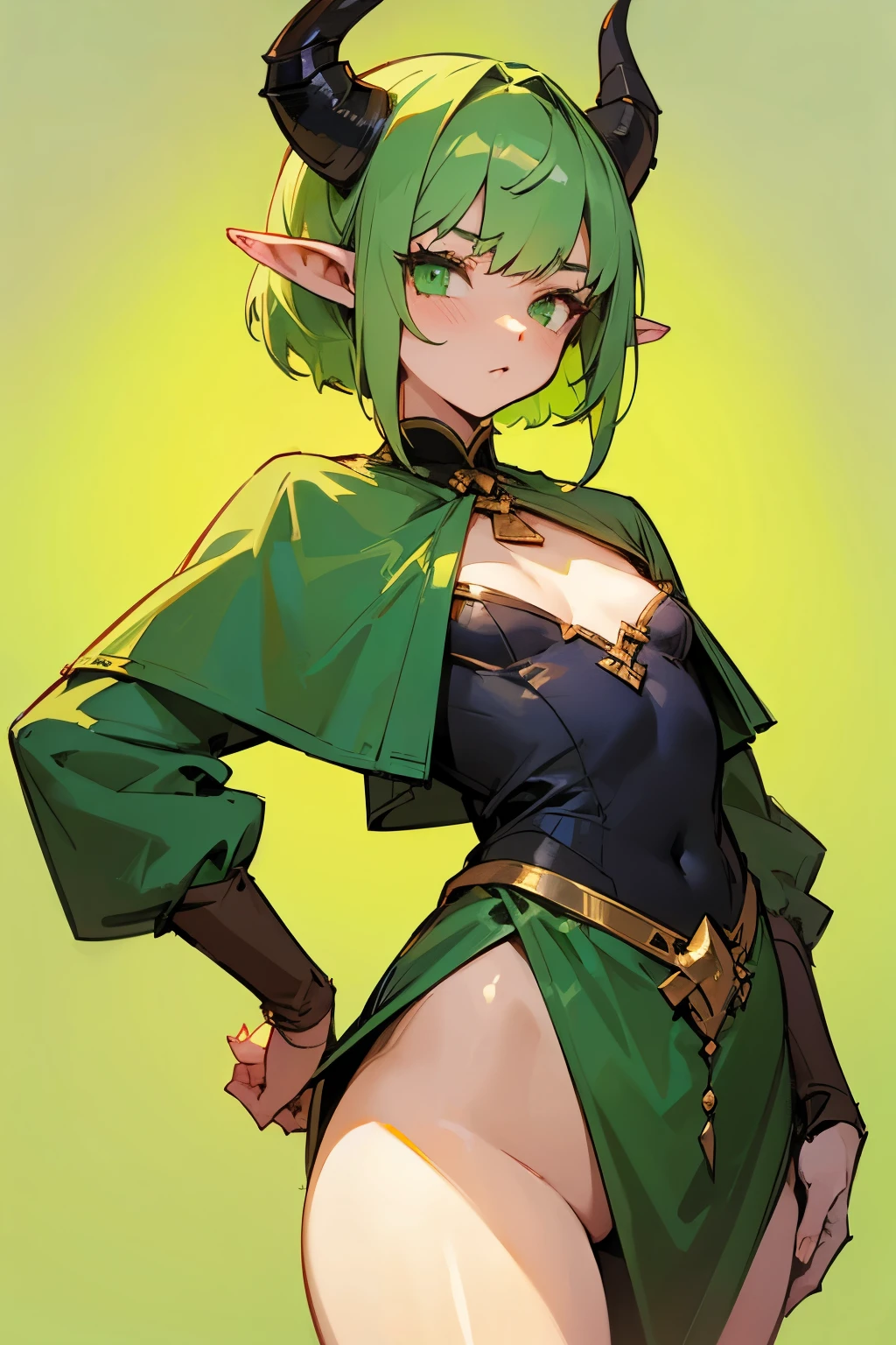 Girl, short light green hair, green eyes, horns, pointy ears, dwarf, medium sized chest. 🔞