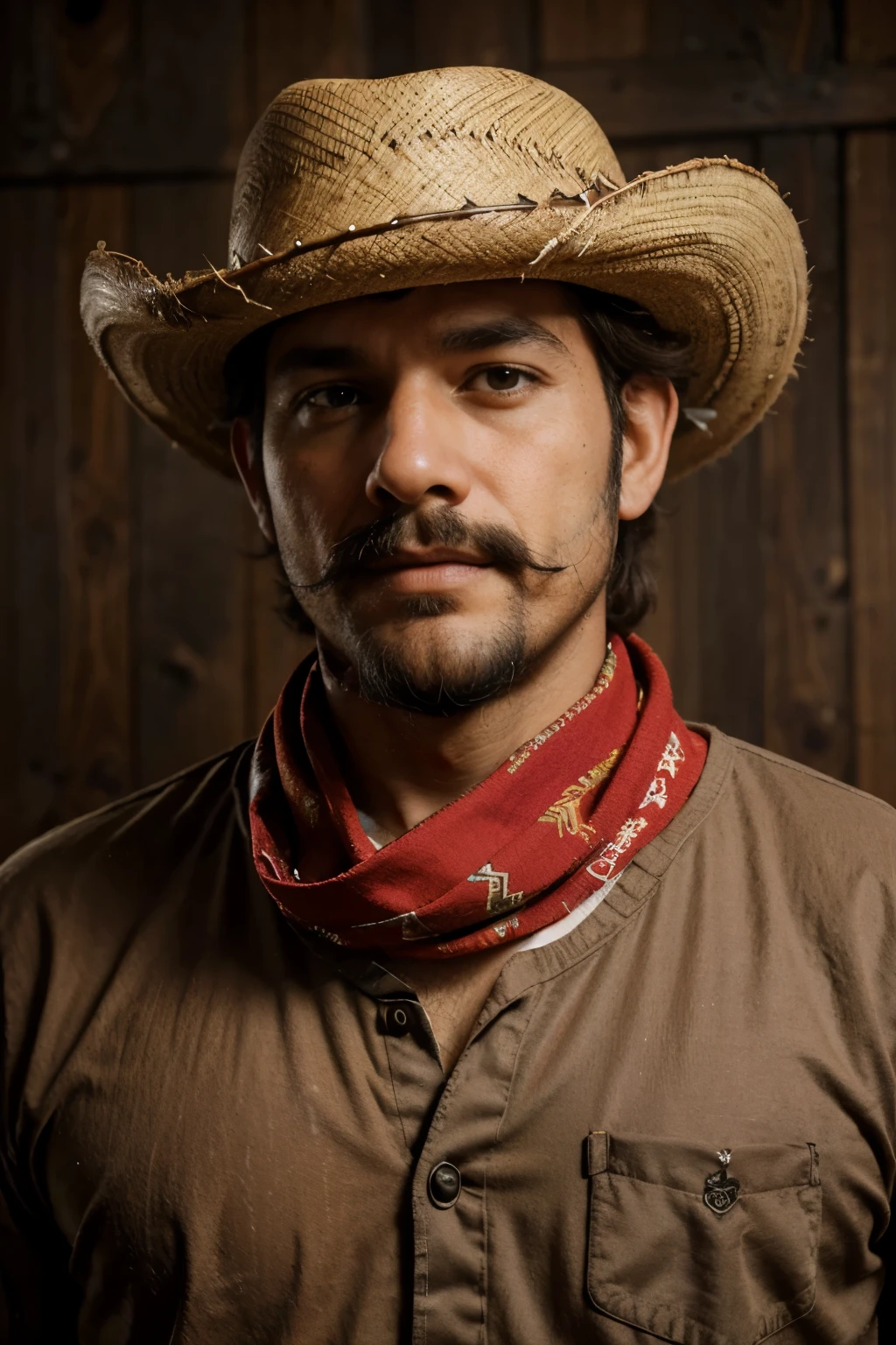 Caricatura, cartunesco, desenho animado, desenhado, cartunesco, rustic, cores vivas, rosto de homem idoso, velho cowboy, red scarf on neck, cowboy hat, cabelos e barba brancos, wooden design on the back. do it like a cartoon, cabelo branco, barba branca, bigode branco.