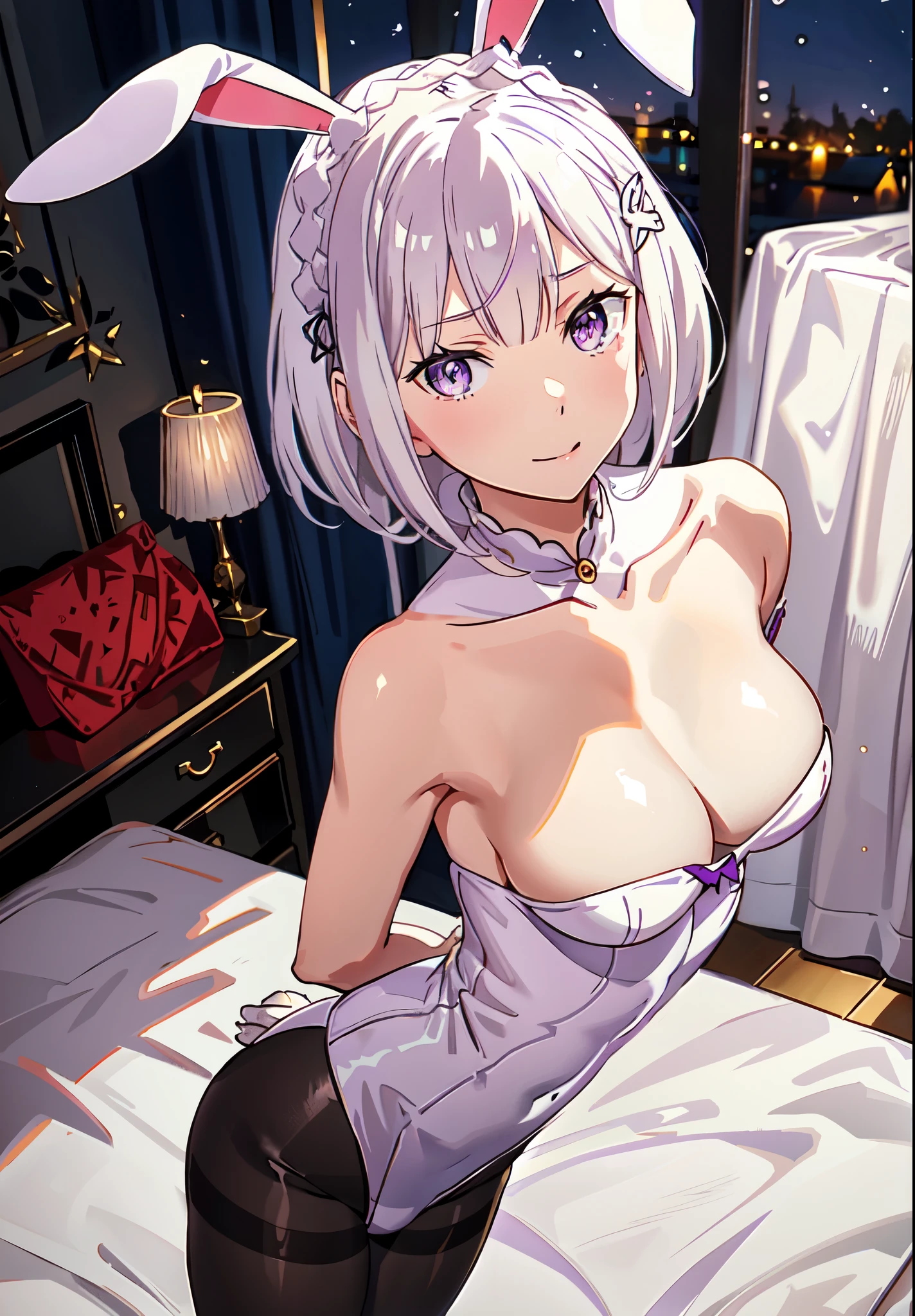 from above,illustration,1girl, Emilia re:zero, purple eyes, Emilia, crown braid, x hair ornament, flower hair ornament, white hair, very long hair, medium breasts, looking at viewer, light smile, (breast focus), (arms behind back:1.2), average breasts, (breasts out:1.2), midriff, collarbone, bedroom, nighttime, sweat, black Playboy bunny suit, tight, pantyhose, rabbit ears,