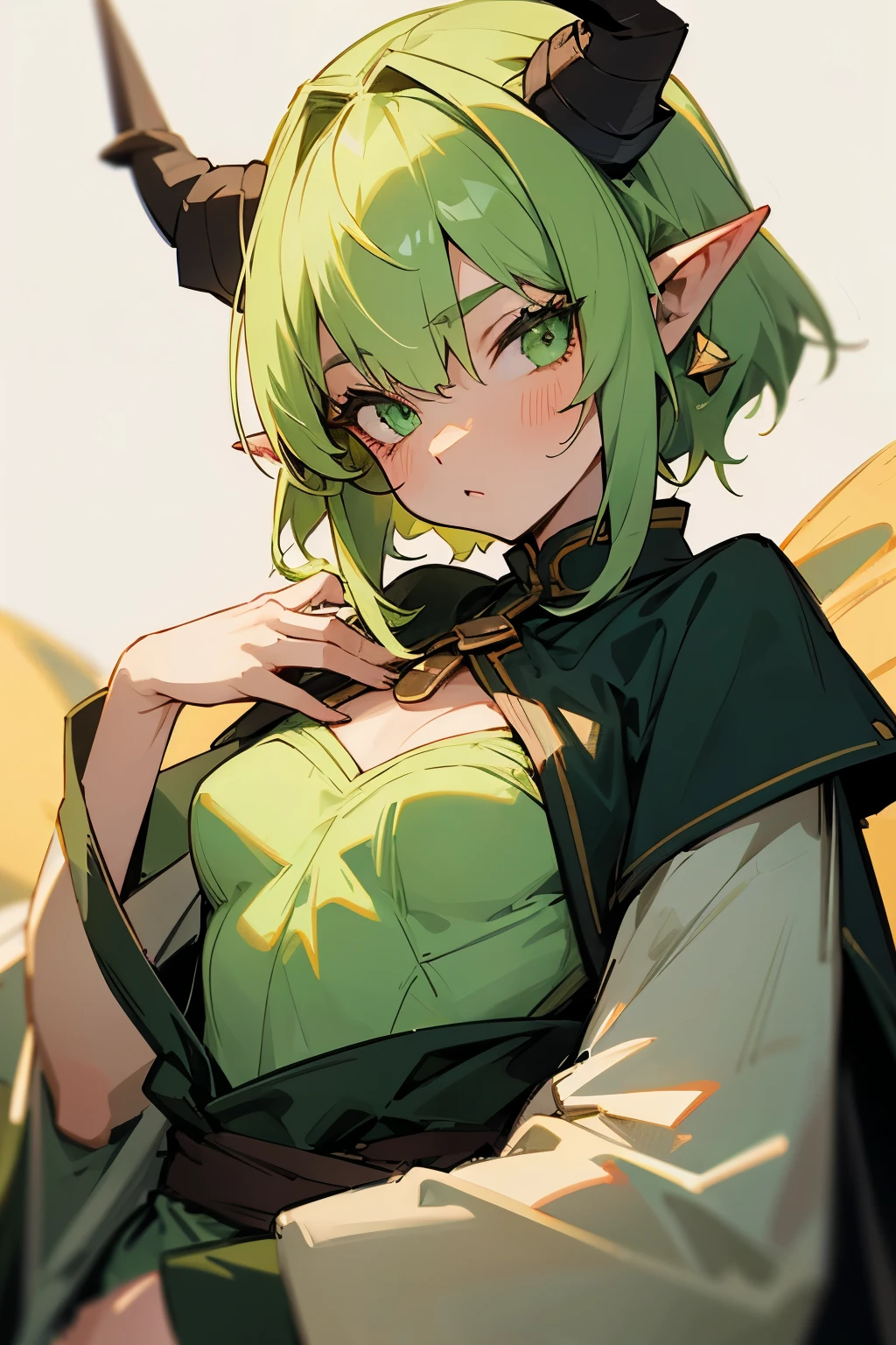 Girl, short light green hair, green eyes, horns, pointy ears, dwarf, medium sized chest. 🔞