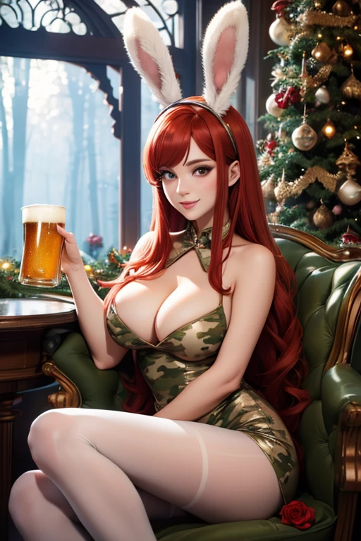 best quality, 8k, woman,straight red hair,beautiful,big eyelashes, little smile, looking to observer, cleavage,rabbit ears tiara,gray militar camouflage mini dress over beige shiny pantyhose, holding one beer mug, florish rose forest scenario, difuse lights