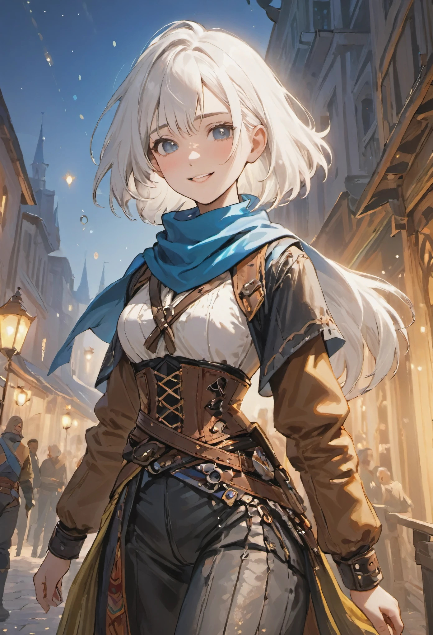 ((medium white hair)), sparkling pure white hair, smile, female adventurer, game art style, (masterpiece), (colorful clothing), scarves, leather belts, half skirt over pants and boots, flowing blouse and leather corset, best quality, highres, 4k, 8k, Detailed Illustration, intricate detail, cinematic lighting, amazing quality, 1girl, fit female, amazing shading, soft lighting, facing camera, perfect eyes