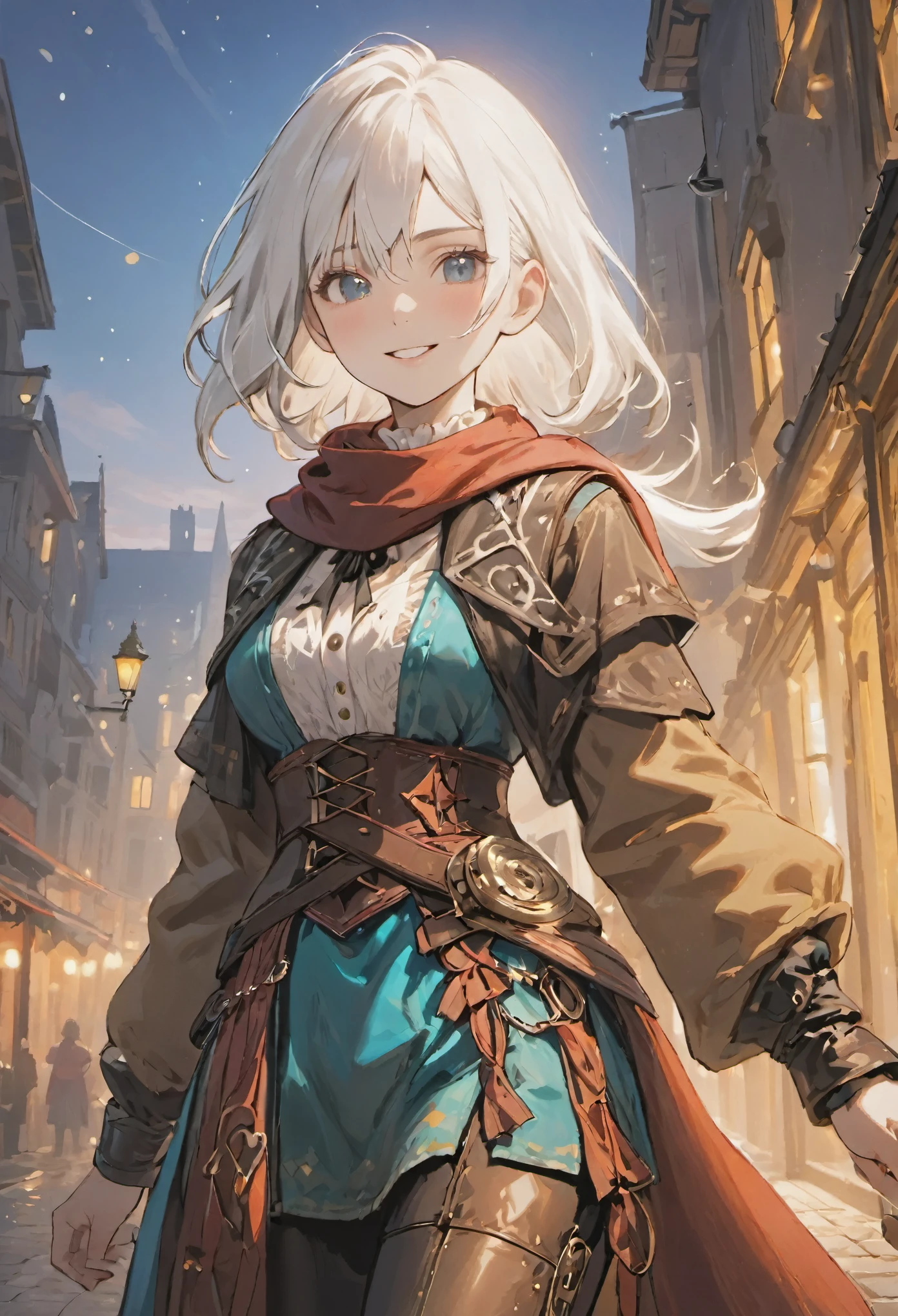 ((medium white hair)), sparkling pure white hair, smile, female adventurer, game art style, (masterpiece), (colorful clothing 1:2), scarves, leather belts, half skirt over pants and boots, flowing blouse and leather corset, best quality, highres, 4k, 8k, Detailed Illustration, intricate detail, cinematic lighting, amazing quality, 1girl, fit female, amazing shading, soft lighting, facing camera, perfect eyes