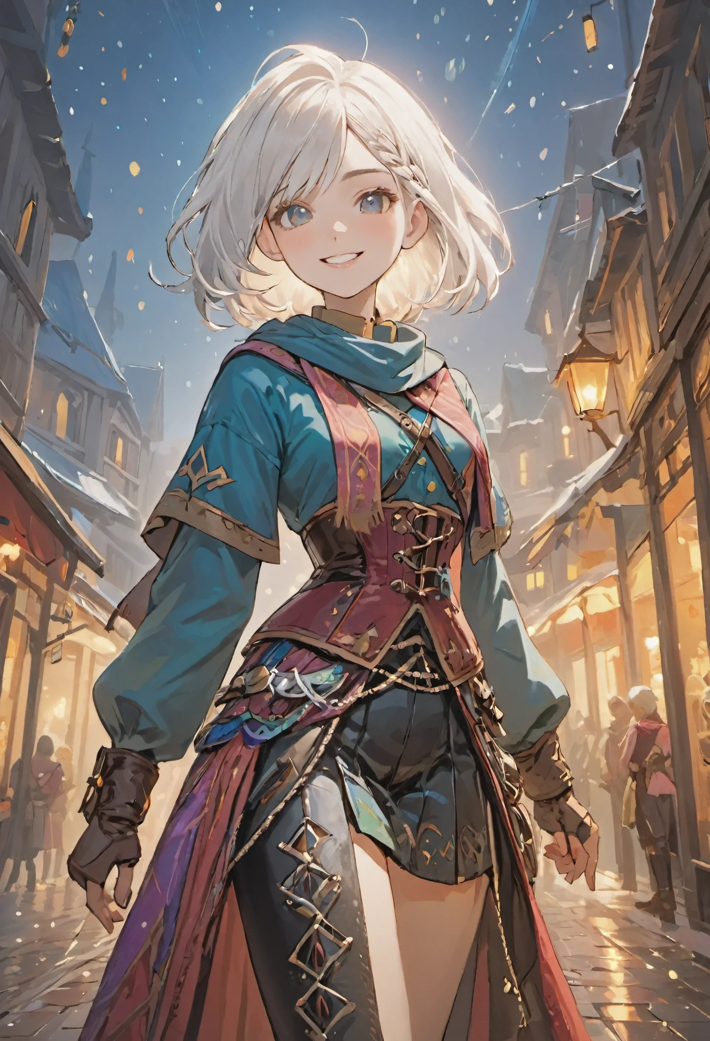 ((medium white hair)), sparkling pure white hair, smile, female adventurer, game art style, (masterpiece), (colorful clothing 1:2), scarves, leather belts, half skirt over pants and boots, flowing blouse and leather corset, best quality, highres, 4k, 8k, Detailed Illustration, intricate detail, cinematic lighting, amazing quality, 1girl, fit female, amazing shading, soft lighting, facing camera, perfect eyes
