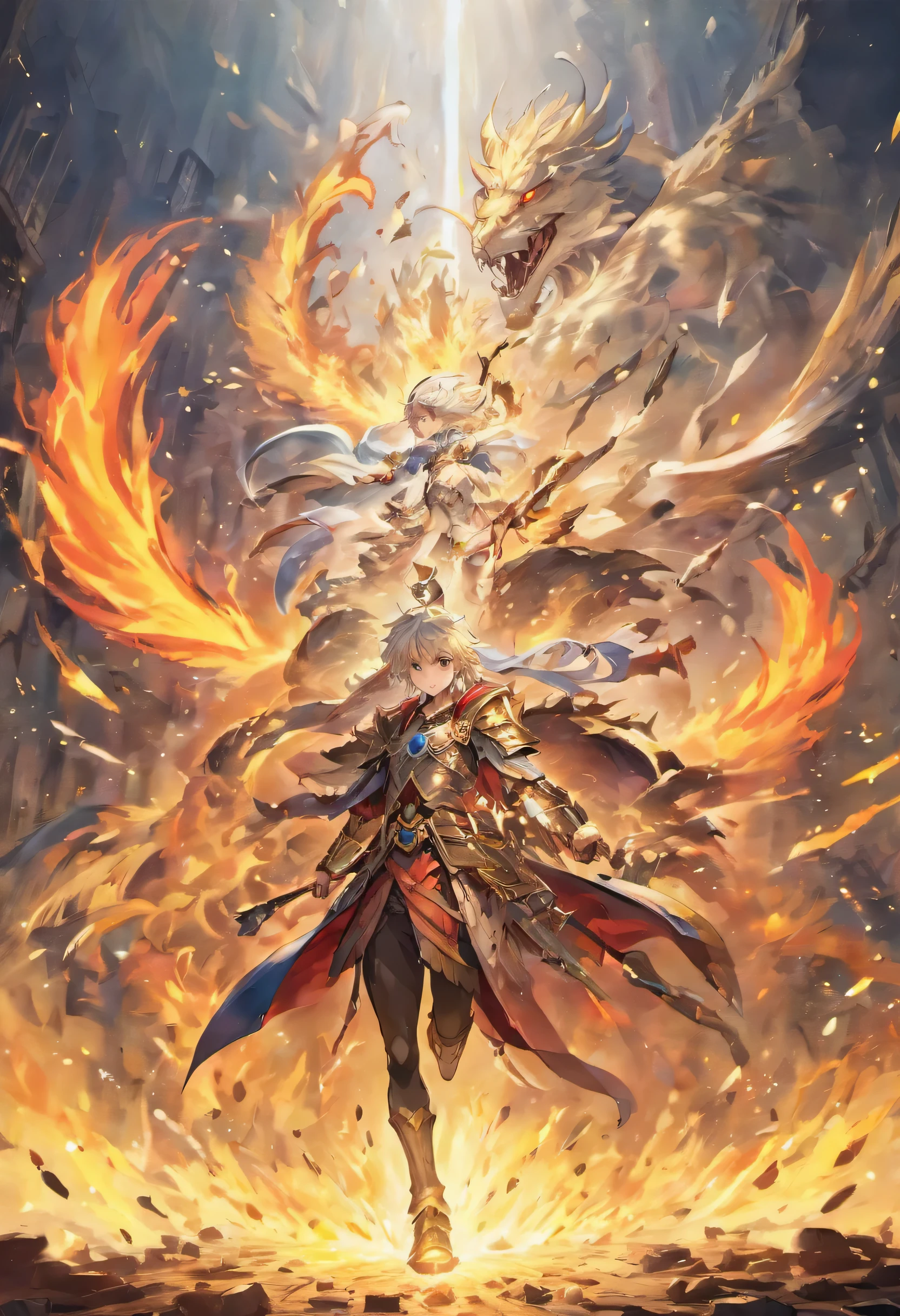 Male warrior main character fighting bunch of beast and angel alongside with silver haired heroine, ultra-detailed, vivid colors, studio lighting, ancient painting, dynamic action poses, detailed armor and clothing, mystical atmosphere, in the middle of chaotic battle field, full of fire, in front of kingdom